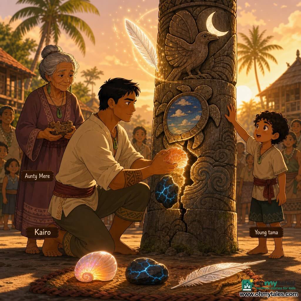 An adult man (Kairo), calm determined expression, tanned face and short black hair, kneels before a large carved wood-and-stone totem, gently holding a nacreous shell glowing orange in his right hand; an elderly woman (Aunty Mere), ~70, wrinkled skin and gray hair in a bun, stands slightly behind left of the totem holding a small carved wooden piece in her palms; a boy (~8) with curly hair and wide curious eyes stands to the right with a raised hand, watching in wonder. The central totem is tall, carved with motifs—a turtle with a sky on its shell, a bird holding a moon, and a missing wave revealing a visible crack—aged wood texture with a missing piece near the wave. On the ground before the totem three luminous objects rest on a braided cloth: a pink-apricot iridescent shell, a dark stone with slow blue veins, and a long pale feather with silver markings. The setting is a small tropical village square at sunrise with palms and stilt houses, soft golden light, long shadows and a few blurred villagers forming a semicircle. The scene depicts a peaceful magical repair: Kairo presses the shell and stone into the crack while the feather floats slightly above the totem, small glowing particles in the warm, songlike atmosphere, warm colors and gentle contrasts.