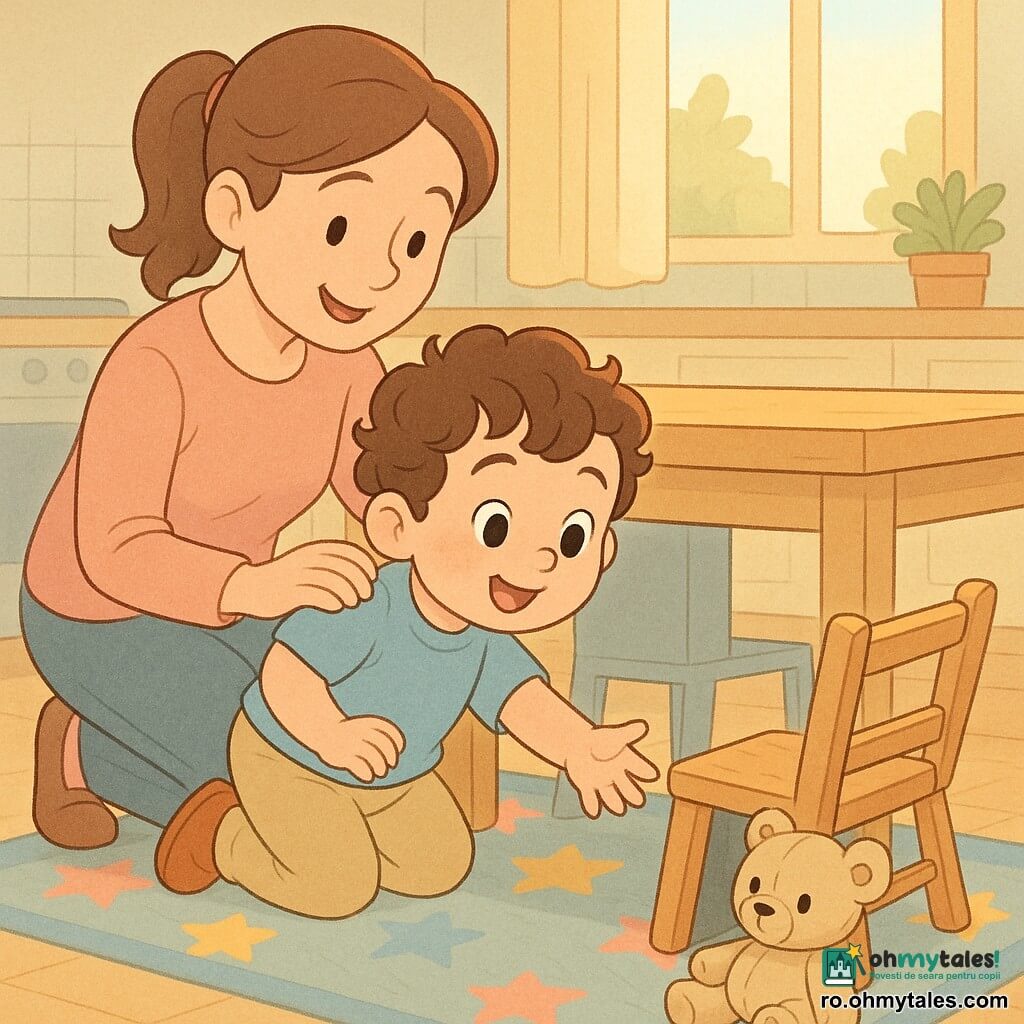 Băiat de 2 ani, față rotundă, obraji roz, păr castaniu buclat, în genunchi întinzând mâna spre un ursuleț de pluș; mama, ~30 ani, coadă de cal, zâmbet blând, mâna pe umărul băiatului; ursuleț bej, cu ochi negri, puțin ascuns sub masă; bucătărie luminoasă cu masă din lemn deschis, covor colorat cu stele, scaun răsturnat și lumină caldă de dimineață; scenă principală: descoperire veselă, atmosferă caldă și sigură, culori pastel și texturi moi.