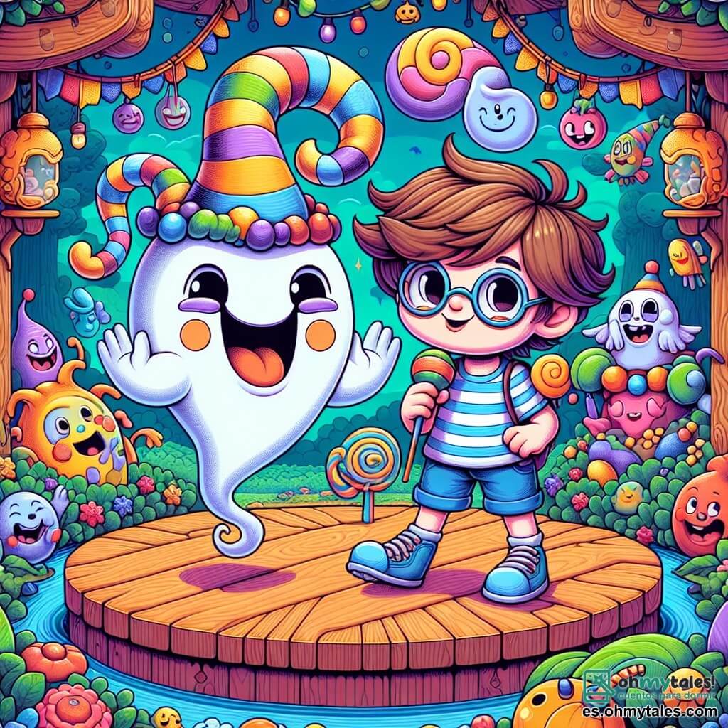 Un pequeño fantasma llamado Don Chiste flota alegremente en el aire, con una gran sonrisa en su rostro translúcido y ojos chispeantes de travesura. Tiene una forma redondeada, con bordes ondulados, y lleva un pequeño sombrero de payaso colorido que añade a su aspecto cómico. A su lado, Tito, un niño de 8 años con cabello castaño alborotado y gafas redondas, ríe a carcajadas. Lleva una camiseta a rayas y un pantalón corto azul, sosteniendo un micrófono de plástico, listo para contar un chiste. Ambos están en un escenario de madera decorado con guirnaldas de flores coloridas, rodeados de criaturas del reino de Risaslandia. El lugar es un hermoso bosque encantado, donde los árboles están cubiertos de hojas multicolores y las flores estallan de risa. Nubes en forma de caramelos flotan en el cielo azul, y ríos de limonada serpentean por el paisaje. La escena principal muestra a Don Chiste y Tito preparando su número de chistes para el gran concurso de risas, rodeados de un público entusiasta compuesto de criaturas divertidas, listas para reír a carcajadas con cada chiste.
