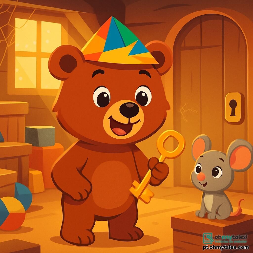 Tico, um pequeno urso marrom com olhos brilhantes e um grande sorriso, está no centro da imagem, em pé sobre suas patas traseiras, com uma expressão de curiosidade e excitação no rosto. Ele usa um pequeno chapéu de papel colorido e segura uma chave de metal brilhante com as patas dianteiras. Ao seu lado, uma pequena camundongo cinza chamada Mimi observa com olhos redondos e maravilhados, sentada em uma caixa de madeira empoeirada. Ao fundo, o velho sótão está cheio de caixas de madeira, brinquedos coloridos espalhados e teias de aranha brilhantes sob a luz dourada que entra por uma janela suja. Tico e Mimi estão diante de uma porta misteriosa, prontos para serem abertos, cheios de antecipação pela aventura que os espera.