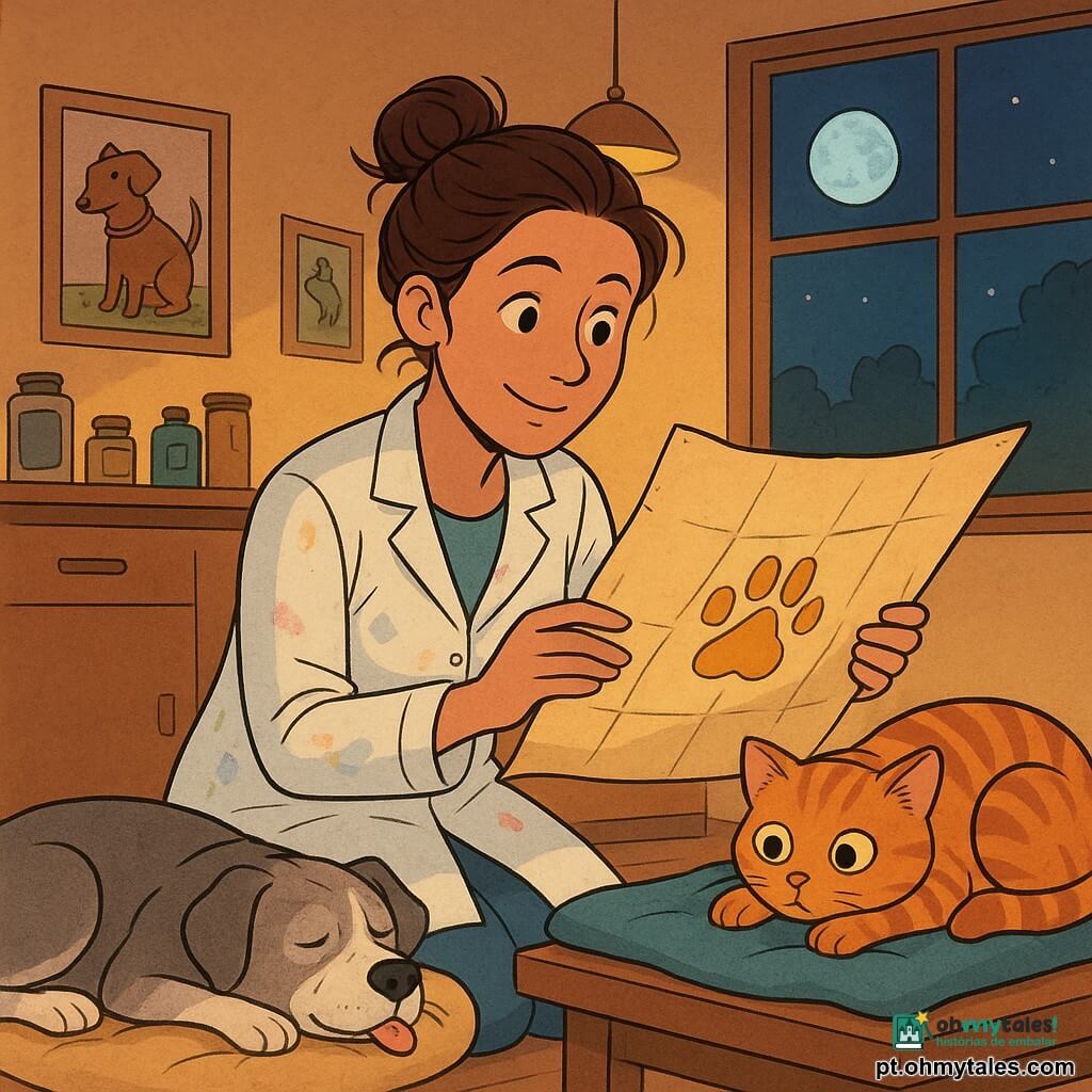 Uma veterinária jovem (cerca de 28 anos) de sorriso suave e olhar atento, cabelo castanho preso num coque desalinhado, veste uma bata clara com pequenas manchas pastel; ajoelhada junto a uma mesa, segura delicadamente um grande pergaminho dobrado com uma pata dourada, curiosa e serena. Um gatinho tigrado laranja enrolado num cobertor, abre um olho e olha para ela, com a pata dianteira junto à mesa baixa à sua direita. Um cão idoso de pêlo grisalho e branco dorme num almofadão à esquerda, língua à mostra, respirando devagar. A clínica é acolhedora ao crepúsculo: paredes creme com cartazes coloridos de animais, prateleiras de madeira com frascos e instrumentos, uma grande janela mostrando a lua prateada, luz suave e lâmpadas amarelas criando sombras delicadas. Cena centrada que mostra a veterinária descobrindo um misterioso plano caído de um livro, segurando-o como um tesouro enquanto os animais observam; atmosfera íntima, cores quentes, texturas desenhadas nítidas, contornos claros e estilo banda desenhada franco-belga.