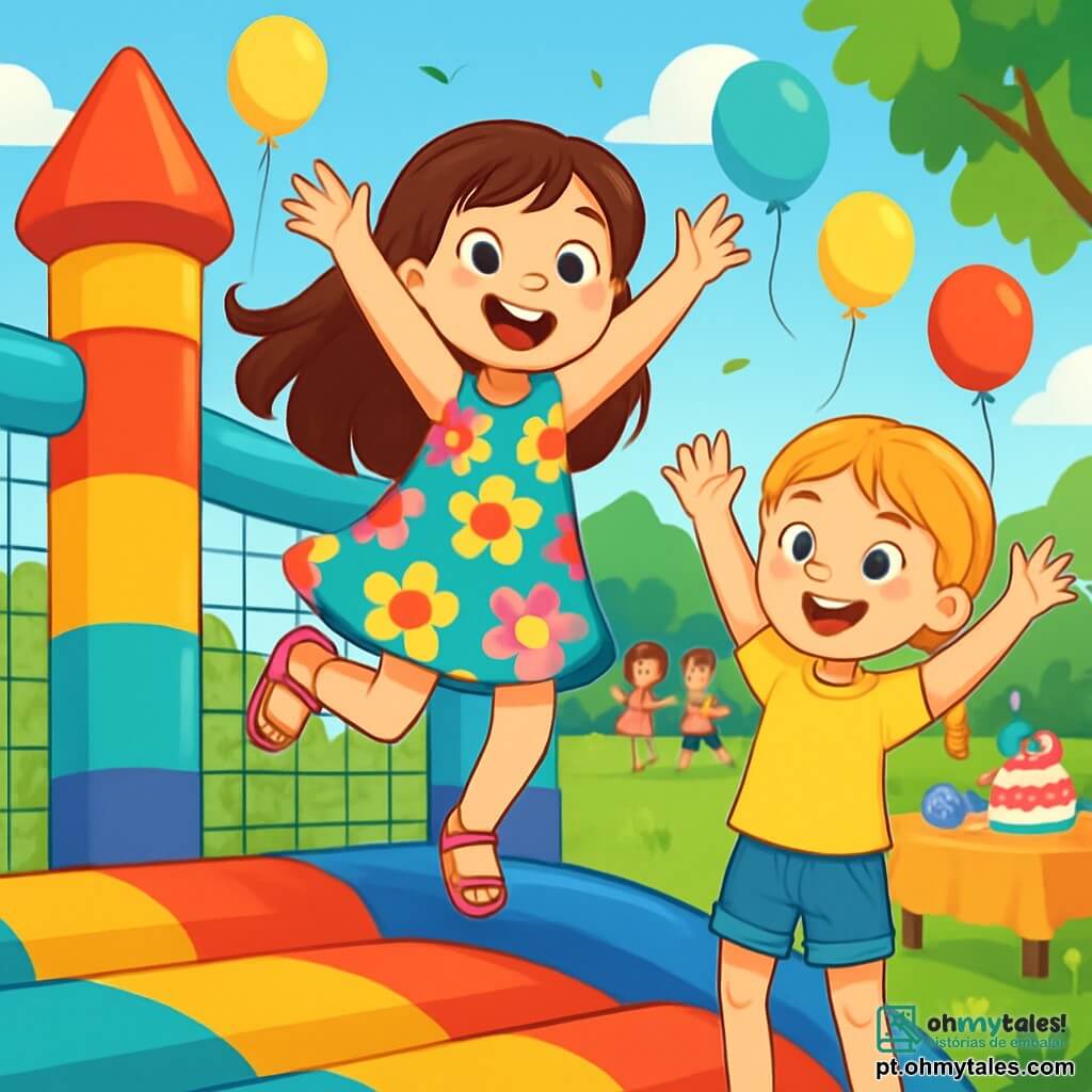 Uma menina de 8 anos, com longos cabelos castanhos e olhos brilhantes de alegria, salta em um enorme pula-pula colorido, seu rosto radiante de excitação e felicidade. Ela usa um vestido de flores vibrantes e sandálias rosas, com os braços levantados para o céu, como se estivesse voando. Ao lado dela, sua melhor amiga, Sofia, também de 8 anos, com cabelos loiros trançados e um sorriso radiante, a incentiva agitando os braços, vestindo uma camiseta amarela e um short de jeans. O cenário é um jardim ensolarado, repleto de balões coloridos flutuando no ar, uma grande mesa decorada com bolos e doces, e um espaço verde luxuriante onde outras crianças brincam alegremente. As duas meninas estão em plena aventura, rindo e se divertindo juntas no pula-pula, cercadas por amigos, compartilhando momentos de felicidade e camaradagem, enquanto uma leve brisa faz as folhas das árvores dançarem.