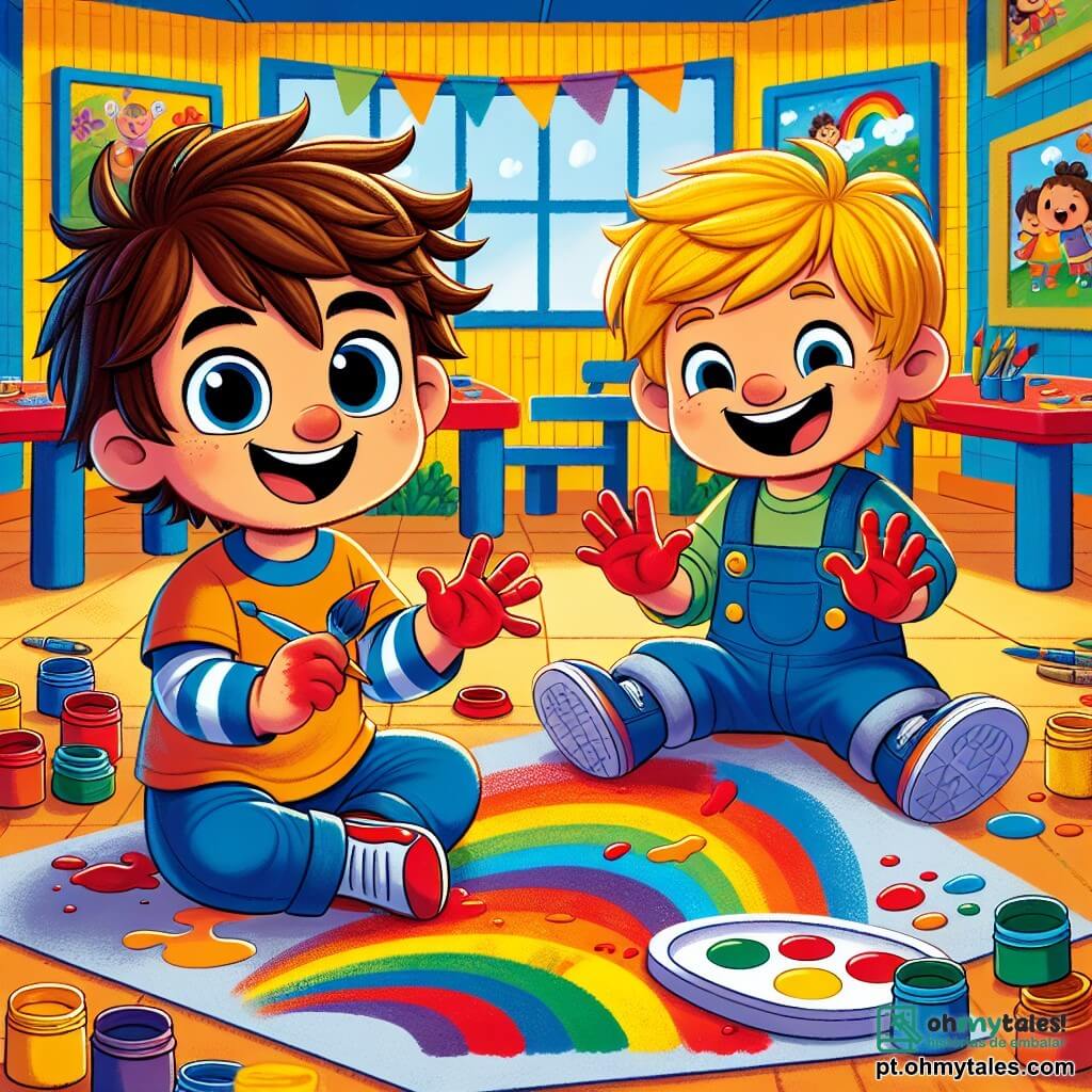 Um menino de 4 anos, Léo, com cabelos castanhos bagunçados e grandes olhos brilhantes de alegria, está sentado em um tapete de jogo colorido, com as mãos cobertas de tinta vermelha e um grande sorriso no rosto. Ao lado dele, seu amigo Pedro, um menino de 4 anos com cabelos loiros e olhos azuis, ri enquanto segura uma paleta de tinta azul, pronto para adicionar seu toque à obra deles. Eles estão em um centro de recreação iluminado, com paredes pintadas de amarelo e decorações de desenhos animados. Mesas estão cheias de potes de tinta de todas as cores, e crianças brincam alegremente ao redor. A cena principal mostra Léo e Pedro criando um grande arco-íris em uma folha de papel, com as mãos cheias de cores vibrantes, expressando sua criatividade e felicidade.
