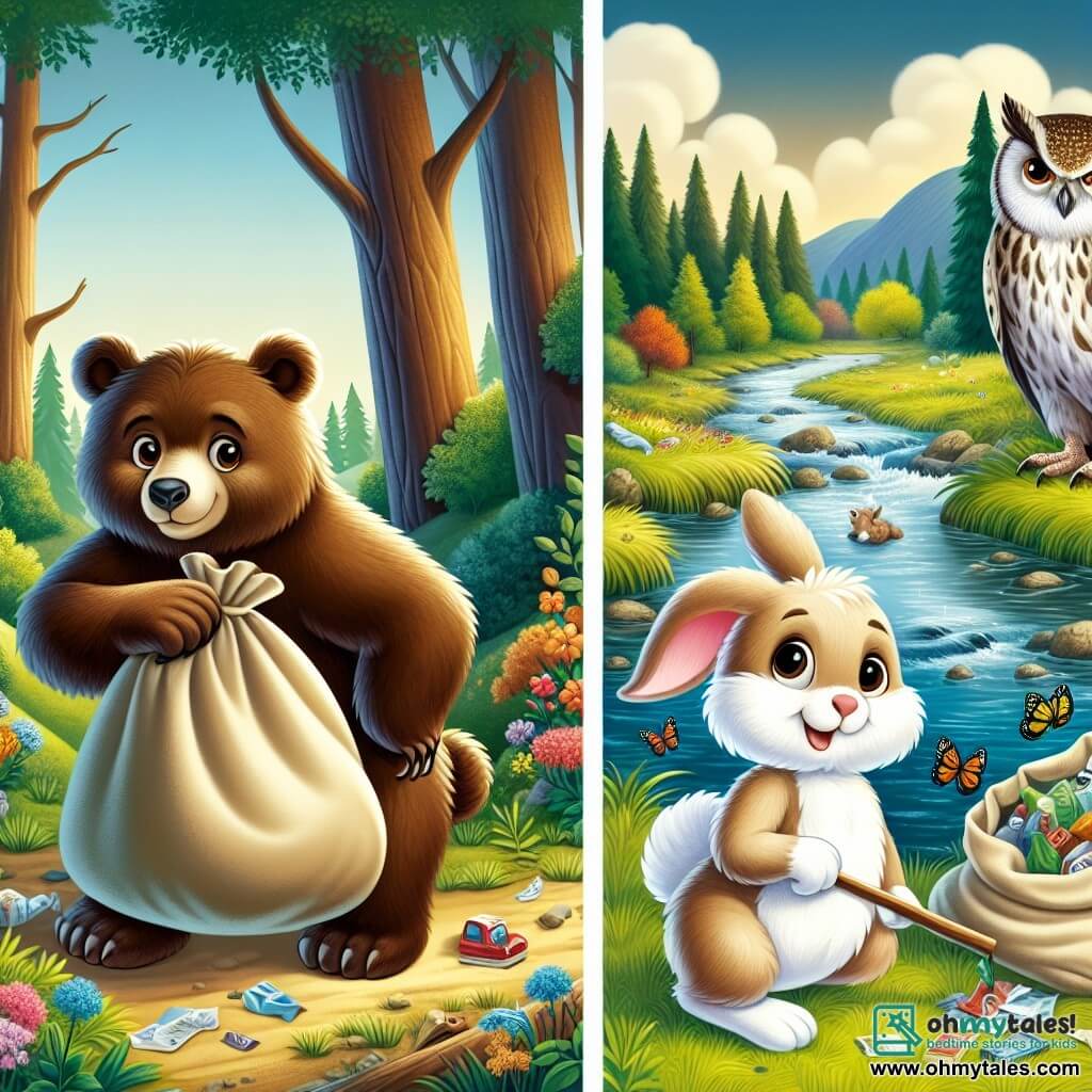 An illustration depicts a large brown bear with soft fur and determined sparkling eyes standing by a river, picking up trash with a large canvas bag. Next to him, a small rabbit with bright white fur, big curious eyes, and a joyful smile helps collect litter from the grass. A wise owl perched on a tree branch observes the scene seriously, its brown and white feathers blending with the foliage. The setting is a lush forest bathed in golden light, featuring majestic trees and a crystal-clear river winding through the landscape. Colorful flowers begin to bloom along the banks, adding vibrant touches to the scene. The main action shows the bear and rabbit cleaning the river, united in their mission to protect their environment. Canvas bags filled with trash are scattered around them, while colorful signs about the importance of cleanliness and nature protection are planted in the ground. Other graphic elements include butterflies fluttering around the flowers, birds singing in the trees, and a blue sky dotted with fluffy white clouds, creating a joyful and engaging atmosphere.