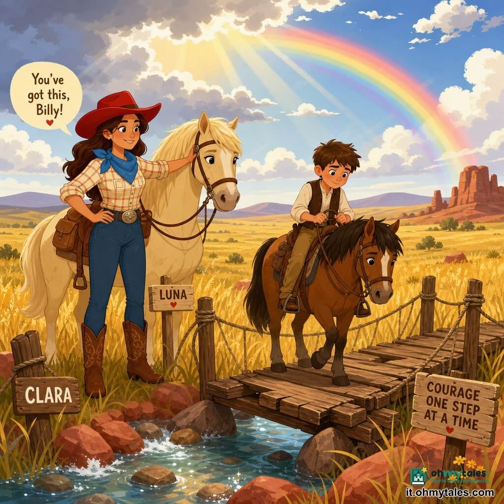 Donna cowgirl Clara, circa 30 anni, sguardo sicuro e sorriso caldo, cappello largo rosso, foulard blu, camicia a quadri e stivali di pelle, è in piedi accanto al cavallo color crema Luna con la mano sul collo, tranquilla e coraggiosa; ragazzo Billy, circa 12 anni, timido ma determinato, capelli castani, gilet e pantaloni di tela, è in sella a un piccolo cavallo marrone concentrato mentre attraversa lentamente un ponte di legno parzialmente rotto; il ponte è antico con tavole screpolate e corde consumate sopra un ruscello limpido che scintilla al sole; paesaggio di ampia prateria dorata con erbe alte che ondeggiano, dolci colline all'orizzonte e qualche roccia rossa; cielo post-tempesta con nuvole sfilacciate, raggi di sole e un arcobaleno vivido; Clara incoraggia Billy con un gesto protettivo, atmosfera di aiuto e avventura; palette colori caldi (ocra, terracotta, giallo) con accenti vivaci (rosso del cappello, blu del foulard, arcobaleno), contrasti netti e forme semplici.
