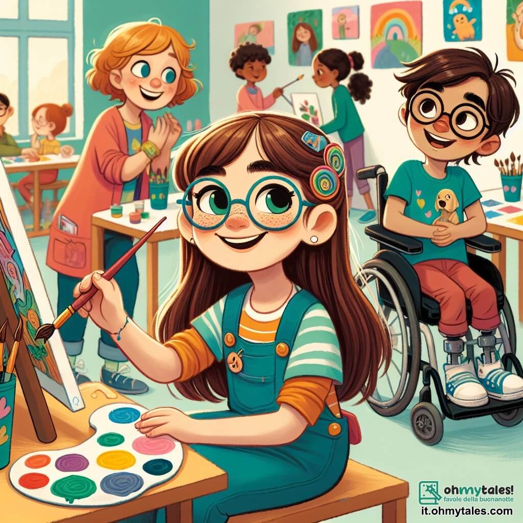 Luce, una ragazza di 12 anni, è al centro dell'immagine, con lunghi capelli castani e occhiali rotondi. Sorride e i suoi occhi brillano di eccitazione, mentre tiene un pennello in una mano e una tavolozza di colori vivaci nell'altra. Sta dipingendo una tela che rappresenta una foresta colorata, circondata da animali felici. Accanto a lei c'è Marco, un ragazzo di 13 anni, seduto sulla sua sedia a rotelle. Ha i capelli corti e un sorriso caloroso. Osserva attentamente Luce, ammirando il suo lavoro mentre tiene una tavolozza di pittura sulle ginocchia. Sullo sfondo, Sara, una ragazza di 11 anni con occhiali e capelli ricci, sta chiacchierando con altri bambini, tutti riuniti attorno alle loro opere d'arte. L'atmosfera è gioiosa e amichevole. Il luogo è un centro comunitario luminoso, con muri dipinti in colori pastello e tavoli carichi di materiali artistici. Opere d'arte sono appese alle pareti, creando un'atmosfera ispiratrice e creativa. La scena principale mostra Luce mentre crea, circondata dai suoi amici, condividendo risate e incoraggiamenti, illustrando lo spirito di inclusione e solidarietà che regna in questo laboratorio artistico.
