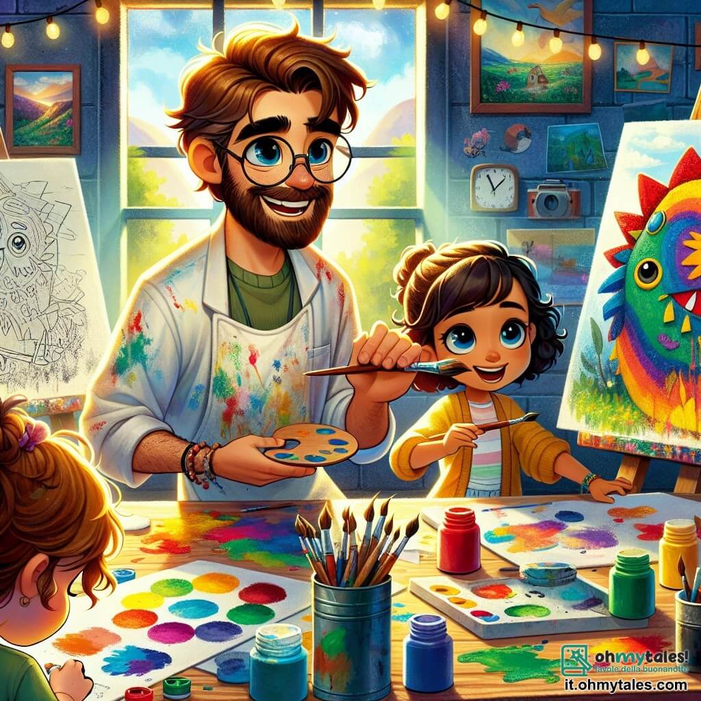 Un uomo di nome Marco, con la barba castana e occhiali rotondi, sorride al centro dell'atelier, circondato da colori vivaci. Indossa un camice bianco macchiato di vernice e tiene un pennello in mano, pronto a dipingere. A sinistra, una bambina di 7 anni, Sofia, con bei capelli ricci e occhi brillanti, è accovacciata davanti a una tela, concentrata sul suo disegno di un drago colorato. A destra, un bambino di 6 anni, Leo, con i capelli biondi arruffati, è in piedi con un grande pennello, dipingendo un'astronave con entusiasmo. L'atelier è un luogo magico, pieno di tele appese alle pareti, barattoli di vernice di tutti i colori e pennelli sparsi su tavoli di legno. La luce del sole filtra dalle finestre, illuminando le creazioni artistiche. La scena mostra Marco e i bambini che creano insieme, ridendo e condividendo idee, mentre schizzi di vernice colorano il pavimento, illustrando la gioia e l'immaginazione che regnano in questo atelier d'arte.