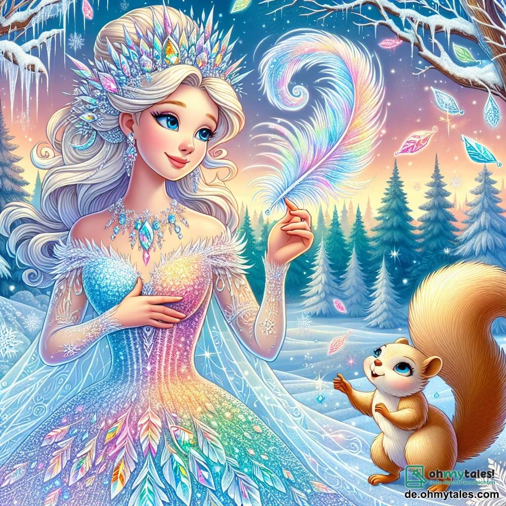 Die Schneekönigin, eine majestätische Frau von ätherischer Schönheit, trägt ein glitzerndes Kleid aus Eiskristallen, die das Licht reflektieren und ein Regenbogen aus Farben schaffen. Ihr Gesicht ist sanft, aber entschlossen, mit tiefblauen Augen, und sie lächelt warm, während sie eine magische Feder in der Hand hält. Neben ihr klettert ein kleiner, lebhafter Eichhörnchen mit funkelnden Augen und goldenem Fell auf einen Ast und beobachtet die Königin neugierig. Im Hintergrund erstreckt sich eine majestätische Winterlandschaft mit schneebedeckten Bäumen, tanzenden Schneeflocken in der Luft und einem klaren Himmel in Pastellfarben. Die Szene zeigt die Schneekönigin, die die Magie der Feder entdeckt, bereit, eine neue Geschichte des Friedens und der Freundschaft zwischen den Königreichen zu schreiben, während das Eichhörnchen sie begeistert ermutigt.