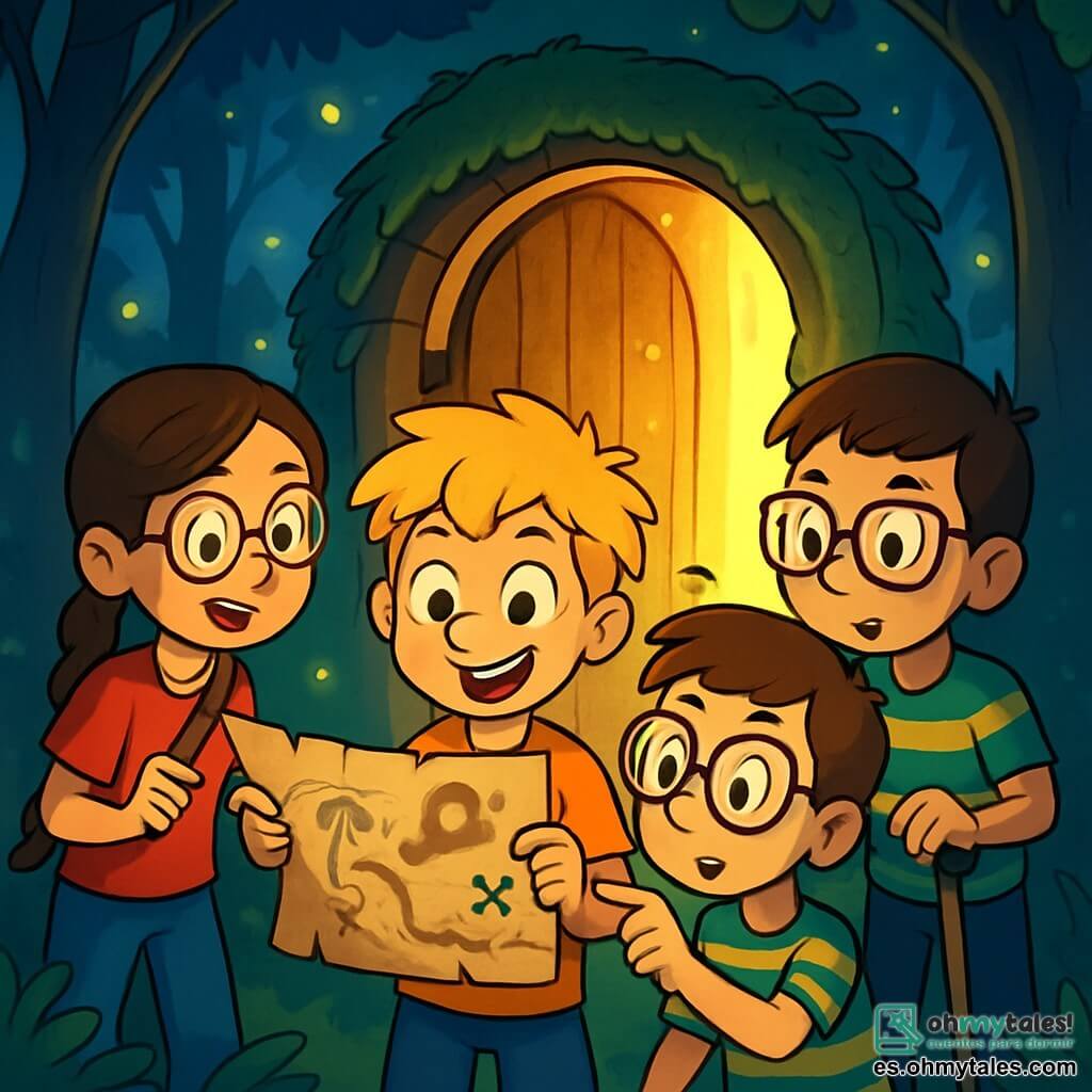 Hay 4 niños: - Lucas: un niño de 10 años con cabello dorado desordenado, una sonrisa traviesa y ojos brillantes. Está en el centro, sosteniendo un viejo mapa en sus manos. - Martina: una niña de 9 años con una larga trenza castaña y gafas redondas. Está a la izquierda de Lucas, mirando el mapa con curiosidad, sus ojos brillando de emoción. - Tomás: un niño de 10 años, usando grandes gafas y una camiseta a rayas. Está a la derecha de Lucas, señalando un símbolo misterioso en el mapa, con aire pensativo. - Diego: un niño de 9 años con cabello corto y una actitud decidida. Está ligeramente atrás, apoyado en su muleta, mostrando una sonrisa confiada. El lugar se desarrolla en el claro del Bosque Susurrante, un espacio mágico rodeado de árboles con hojas brillantes, donde la luz de la luna filtra a través de las ramas, creando sombras danzantes en el suelo. Luciérnagas iluminan el aire, añadiendo un toque de magia a la atmósfera nocturna. La situación principal muestra a los niños descubriendo un antiguo portal de madera cubierto de musgo, que se abre lentamente, dejando escapar una luz brillante. Se mantienen juntos, sus rostros iluminados por el asombro y la emoción, listos para entrar en un mundo de aventura.