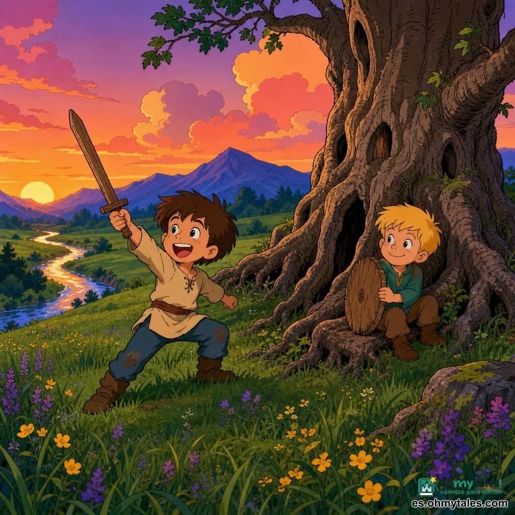 Un niño de 6 años (Miguel), alegre y maravillado, pelo castaño despeinado, ojos brillantes, rodillas con polvo, sostiene un palo como espada y ríe frente a un árbol; un niño de unos 6 años (Tomás), contento y tímido, pelo rubio corto, sostiene una rama como escudo, sentado junto al tronco mirando a Miguel con complicidad; lugar: una gran pradera al crepúsculo, hierba alta y flores amarillas y violetas, un arroyo brillante y montañas azules al fondo, y un árbol antiguo con raíces aparentes que parece un castillo; situación: juegan a los caballeros alrededor del "castillo", palos en alto, sonrisas, nubes rosa y naranja al atardecer, ambiente cálido y mágico pero visualmente realista.