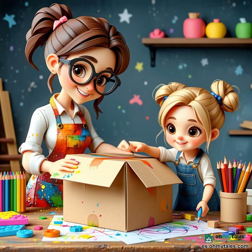 Una mujer inventora, Luna, sonriente y concentrada, pelo castaño en coleta y gafas redondas, con un delantal colorido manchado de pintura, pliega con delicadeza una gran caja de cartón como si montara un juguete; a su derecha, una niña de unos 6 años, Nora, con coletas rubias y ojos maravillados, sentada junto a ella, extiende la mano hacia la caja y la mira con alegría. Al fondo hay un taller pequeño y acogedor con mesa de madera, lápices y un cuaderno de bocetos, estanterías bajas con cajas y juguetes; luz suave de atardecer que crea sombras cálidas y una paleta en tonos pastel (rosa, menta, amarillo claro). La caja se despliega como un acordeón con pliegues visibles, costuras y cintas texturizadas, efecto mecánico simple y amistoso; atmósfera tierna e inventiva, texturas realistas de cartón, tela y madera, acabado 3D tipo juguete y expresiones faciales claras que transmiten calidez emocional.