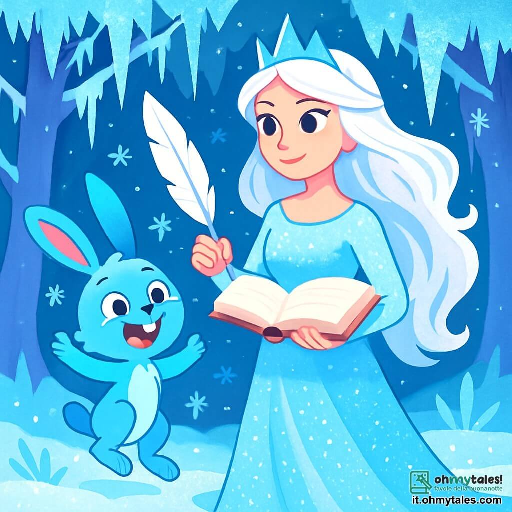 La Regina delle Nevi, una donna maestosa dalla bellezza eterea, indossa un abito scintillante di cristallo dai riflessi argentati. I suoi lunghi capelli bianchi fluttuano come fiocchi di neve, e il suo sguardo è dolce e determinato. Tiene una penna magica in mano, pronta a raccontare una storia. Accanto a lei, Lumi, un piccolo lepreau dal pelo blu vivo, ha circa 5 anni. Salta gioiosamente, con le orecchie grandi in piedi, e guarda la Regina con ammirazione. È circondato da piccoli fiocchi di neve che danzano intorno a lui. La scena si svolge in una foresta incantata, dove gli alberi sono ricoperti di ghiaccio scintillante e il suolo è tappezzato di neve luccicante. Cristalli di ghiaccio pendono dai rami, creando un'atmosfera da favola. La Regina delle Nevi si prepara a raccontare una storia magica per placare un grande drago di ghiaccio che minaccia la foresta. Il suo volto esprime una determinazione luminosa, mentre Lumi, pieno di entusiasmo, la incita a liberare il potere delle parole.
