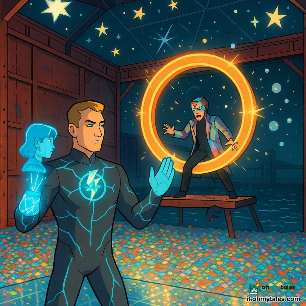 Argo Lumen, uomo dal volto determinato e calmo, in abito grigio grafite con venature azzurro-luminescenti e emblema fulmine+fiocco sul petto, brassards di cristallo che emettono pulsazioni di luce fredda, sta su una piattaforma di vetro con le mani sollevate a modulare impulsi luminosi; il Rifrangitore (Dario Kelm), circa 40 anni, maschera prismatica che riflette i colori e mantello di pannelli riflettenti, è teso e furioso dietro una grande macchina anulare rotante; Miri, tecnichessa di circa 30 anni, appare come una piccola proiezione olografica blu sul polso di Argo, viso concentrato che comunica istruzioni; luogo: ex magazzino portuale trasformato in una "spiaggia di vetro" interna con pavimento coperto di milioni di schegge di vetro levigato multicolore, mare interno scuro, grande macchina anulare sospesa che aspira scintille, soffitto con cielo artificiale a stelle geometriche e muri di container arrugginiti; situazione: drammatica ma non violenta: Argo usa onde di luce fredda per rallentare e disattivare dolcemente un enorme Cerchio di Risonanza mentre il Rifrangitore lancia piccole sfere di luce riflesse, con schegge, riflessi, atmosfera elettrica e pioggia fine che crea lucenti riflessi sul vetro.