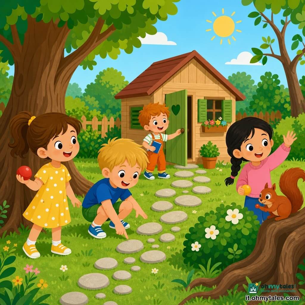 Ci sono cinque personaggi: Anna, 5 anni, capelli castani in codini, vestito giallo a pois bianchi, tiene una piccola palla rossa nella mano sinistra, a sinistra, sorridente e guarda l'albero; Luca, 6 anni, capelli biondi corti, maglietta blu e pantaloncini verdi, accucciato al centro che osserva dei sassolini e indica il sentiero; Sara, 5 anni, capelli neri in treccia, maglione rosa, a destra vicino a un cespuglio, saluta uno scoiattolo; Tommi, 6 anni, capelli rossi, salopette arancione, tiene un piccolo libro blu, è dietro agli altri, sorridente e pronto ad aprire la porta di una casetta; uno scoiattolo marrone con coda folta è su una radice a destra tenendo una palla più piccola. Luogo: giardino soleggiato con prato verde, grande albero dal tronco marrone e radici visibili, cespuglio tondeggiante con fiori bianchi, una piccola casetta di legno con persiane verdi vicino all'albero e un sentiero di sassolini grigi chiari dalla siepe alla casetta. Situazione: i quattro bambini ritrovano i loro giocattoli nella casetta dello scoiattolo; scena gioiosa, colori vivaci, forme semplici, espressioni di sorpresa e felicità, composizione centrata sulla casetta e sul sentiero di sassolini.