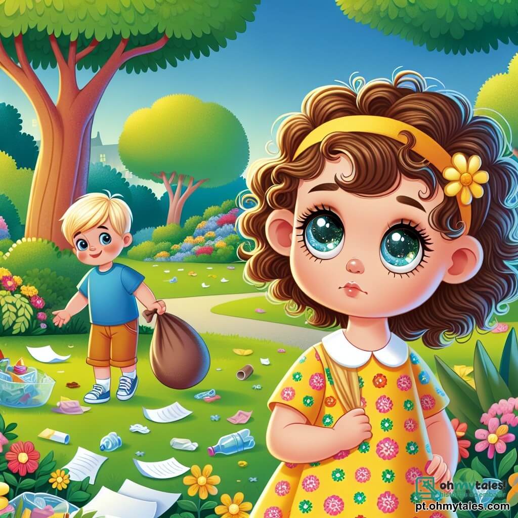 Uma menina de 2 anos, com cabelos cacheados e olhos brilhantes, olha ao redor com uma expressão de tristeza no rosto. Ela usa um vestido amarelo com flores e segura uma pequena bolsa de tecido. Ao lado dela, um menino de 3 anos, com cabelos loiros e olhos azuis, recolhe lixo com um grande sorriso, vestindo uma camiseta azul. Eles estão em um parque verdejante, cheio de árvores majestosas, flores coloridas e gramados bem cuidados, mas coberto de papéis e garrafas plásticas. A menina e seu amigo decidem limpar o parque juntos, mostrando sua determinação em torná-lo bonito e acolhedor para todos.