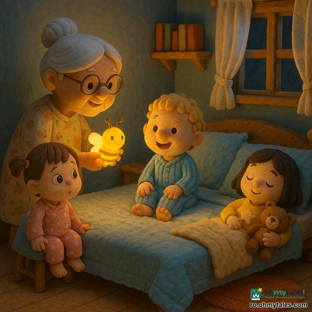 Sunt patru personaje: Ana, 2 ani, păr brun scurt prins în două cozi, pijama roz cu buline albe, șezând în stânga patului și privindu‑i pe ceilalți cu ochi curioși; Tudor, 2 ani, păr blond ondulat, pijama albastră cu dungi, așezat la centru, râzând ușor; Mia, 2 ani, păr negru drept, pijama galbenă cu o stea, ținând un ursuleț de pluș, culcată în dreapta și zâmbind timid; bunica, circa 70 de ani, păr alb prins în coc, ochelari rotunzi, rochie cu flori, stând în stânga lângă pat și ținând o veioză galbenă în formă de licurici; încăperea e o cameră caldă de bunică cu pat mare și cuvertură bej, perete bleu, raft de lemn cu cărți colorate, fereastră cu perdele albe care se mișcă ușor și covoraș rotund portocaliu; atmosfera e semiîntunecată, veioza proiectează un cerc cald de lumină pe perete, copiii sunt adunați pe pat, relaxați și atenți, umbre moi pe perete, texturi modelate ca din plastilină.