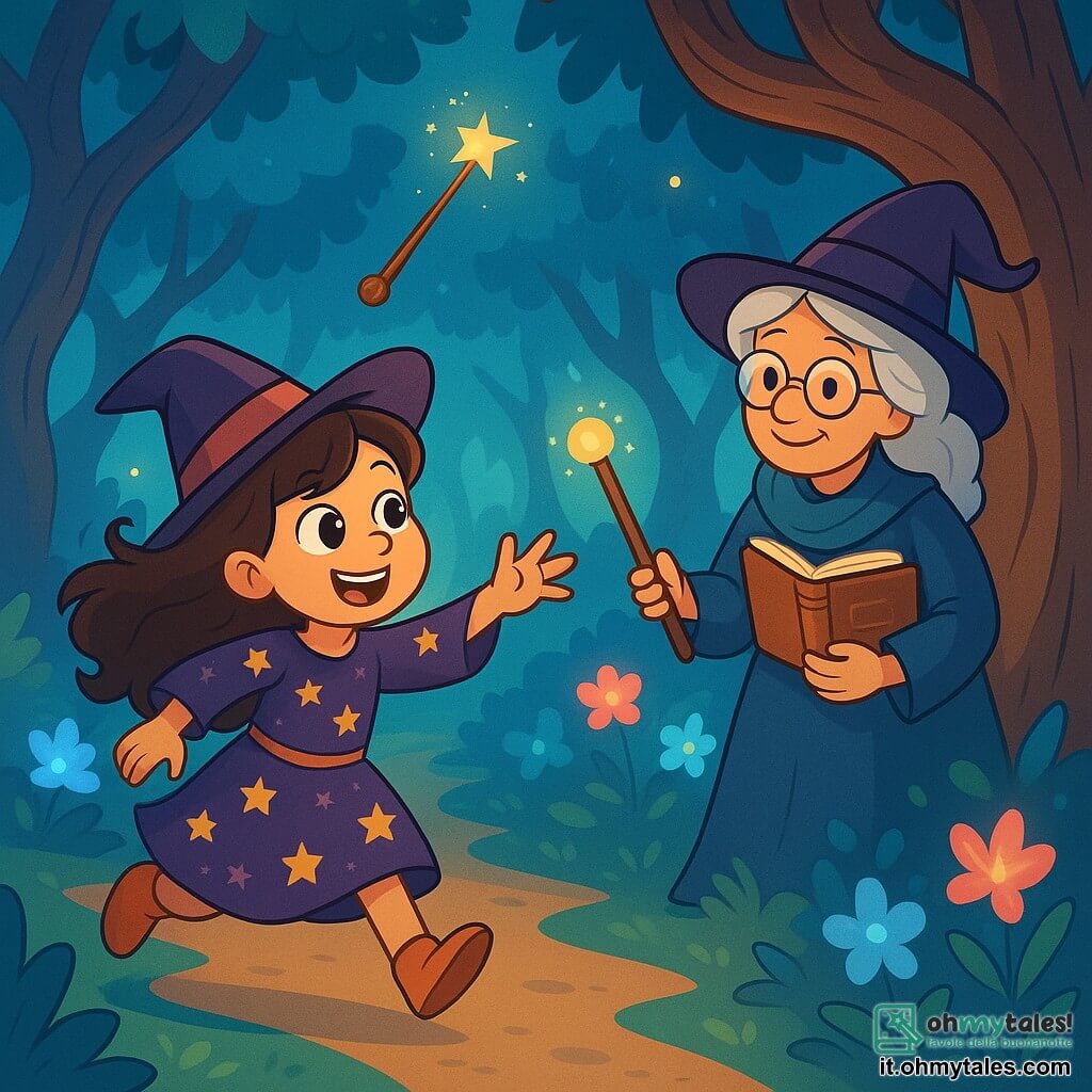 Una giovane strega, Bianca, di circa 10 anni, con lunghi capelli ricci e occhi scintillanti di curiosità, sta correndo attraverso una foresta incantata. Indossa un vestito viola decorato con stelle scintillanti e un piccolo cappello da strega inclinato di lato. Il suo viso esprime sia eccitazione che determinazione mentre insegue la sua bacchetta magica che vola davanti a lei. Vicino a lei, sua nonna Agata, una strega anziana con capelli argentati e occhiali rotondi, osserva la scena con un sorriso benevolo. Si trova vicino a un grande albero, tenendo un libro antico in una mano e un bastone magico nell'altra, pronta ad aiutare Bianca se necessario. Il luogo è una foresta magica, piena di alberi dai tronchi contorti e fiori luminescenti che brillano in tonalità di blu e rosa. Lucciole danzano nell'aria, aggiungendo un tocco di magia all'atmosfera. La scena principale mostra Bianca mentre corre, ridendo e allungando la mano per afferrare la sua bacchetta birichina che svolazza gioiosamente sopra di lei, creando scintille di luce attorno a loro.