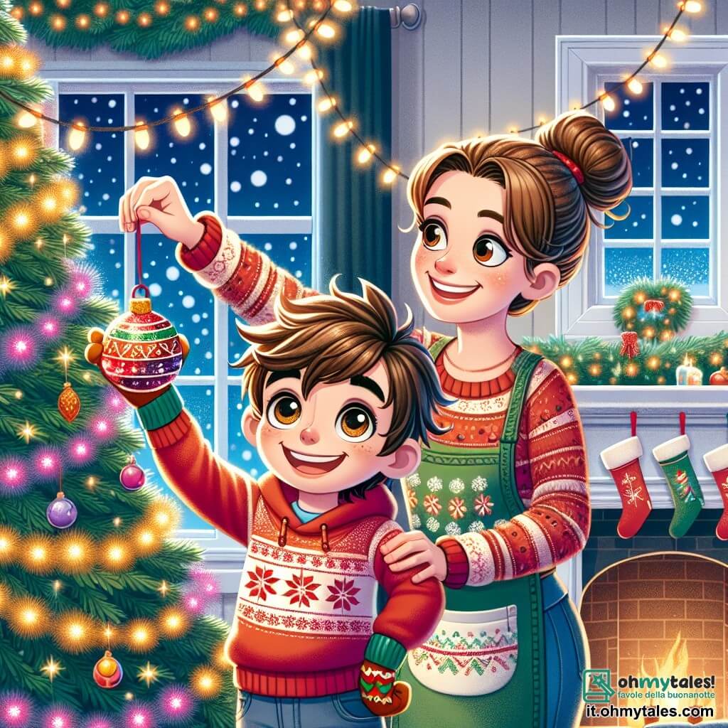 Un ragazzo di 11 anni, Matteo, con capelli castani arruffati e occhi curiosi, sorride gioiosamente mentre decora un grande albero di Natale nel suo soggiorno. Indossa un maglione rosso con fiocchi di neve e guanti colorati, tenendo in mano una palla di Natale scintillante. Sua mamma, una donna di circa 35 anni con capelli castani raccolti in uno chignon, è accanto a lui, sorridente, mentre appende una ghirlanda luminosa sui rami dell'albero. Indossa un grembiule con motivi natalizi ed è felice di condividere questo momento con suo figlio. L'ambiente è un soggiorno accogliente, decorato con luci scintillanti e ghirlande colorate. Si vede un camino con calze appese e la finestra mostra un paesaggio invernale con neve che cade all'esterno. La scena principale mostra Matteo e sua mamma mentre creano insieme un'atmosfera festosa, piena di gioia e amore, decorando l'albero di Natale, simbolo delle tradizioni familiari e della magia dell'inverno.