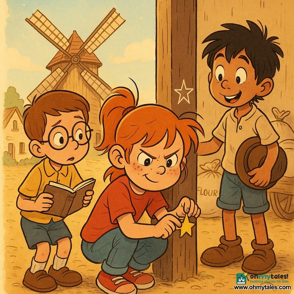 Six-year-old Mia at center, round face with freckles and bright green eyes, mischievous and focused, crouched as she gently peels a small yellow star sticker off a wooden post; six-year-old Leo on the left, short brown hair and round glasses, worried but curious, holding an open notebook and supporting Mia with his hand on her shoulder; around six-year-old Tomas on the right, tanned skin and tousled black hair, amazed smile, slightly behind admiring a small star drawn in flour on the post while holding his hat; dirt path before a large wooden windmill with slowly turning sails, stone cottages, sacks of flour and a cart in the background, warm late-afternoon light and golden dust in the rays; intimate, warm scene with pastel colors, clear contours and textured details of wood, flour and clothing.