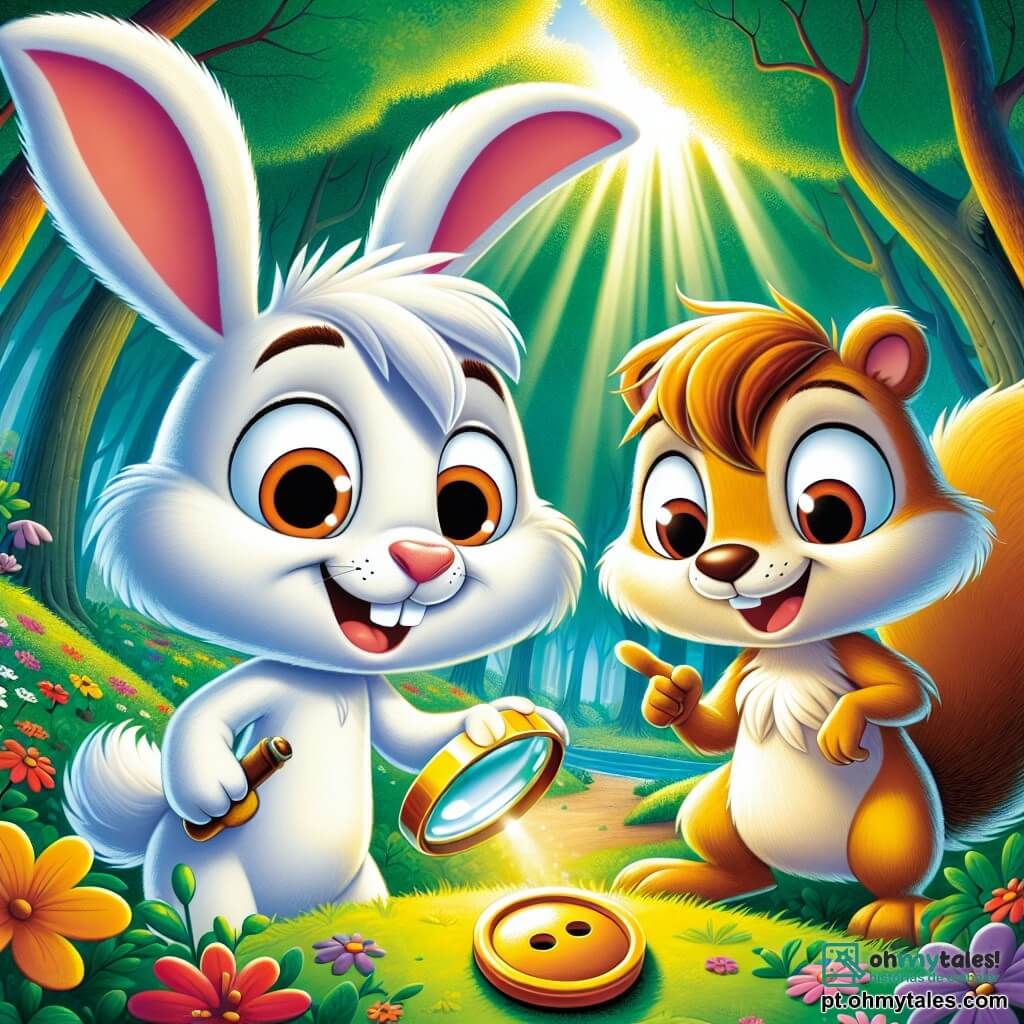 O personagem principal, Tobias, o porquinho travesso, é um coelhinho com grandes orelhas brancas e olhos brilhantes de curiosidade. Ele segura uma lupa em uma patinha e exibe um sorriso entusiasmado enquanto examina um botão misterioso e brilhante no chão. Ao seu lado, Léo, o esquilo astuto, tem pelagem marrom dourada e olhos travessos. Ele está apontando para o botão com uma patinha, mostrando uma expressão de excitação e admiração. A cena acontece em uma floresta verdejante, com árvores majestosas e folhas vibrantes, e raios de sol filtrando pelas ramas, iluminando o chão coberto de flores coloridas. Tobias e Léo estão prontos para desvendar o mistério do botão, cercados por uma atmosfera de aventura e magia.