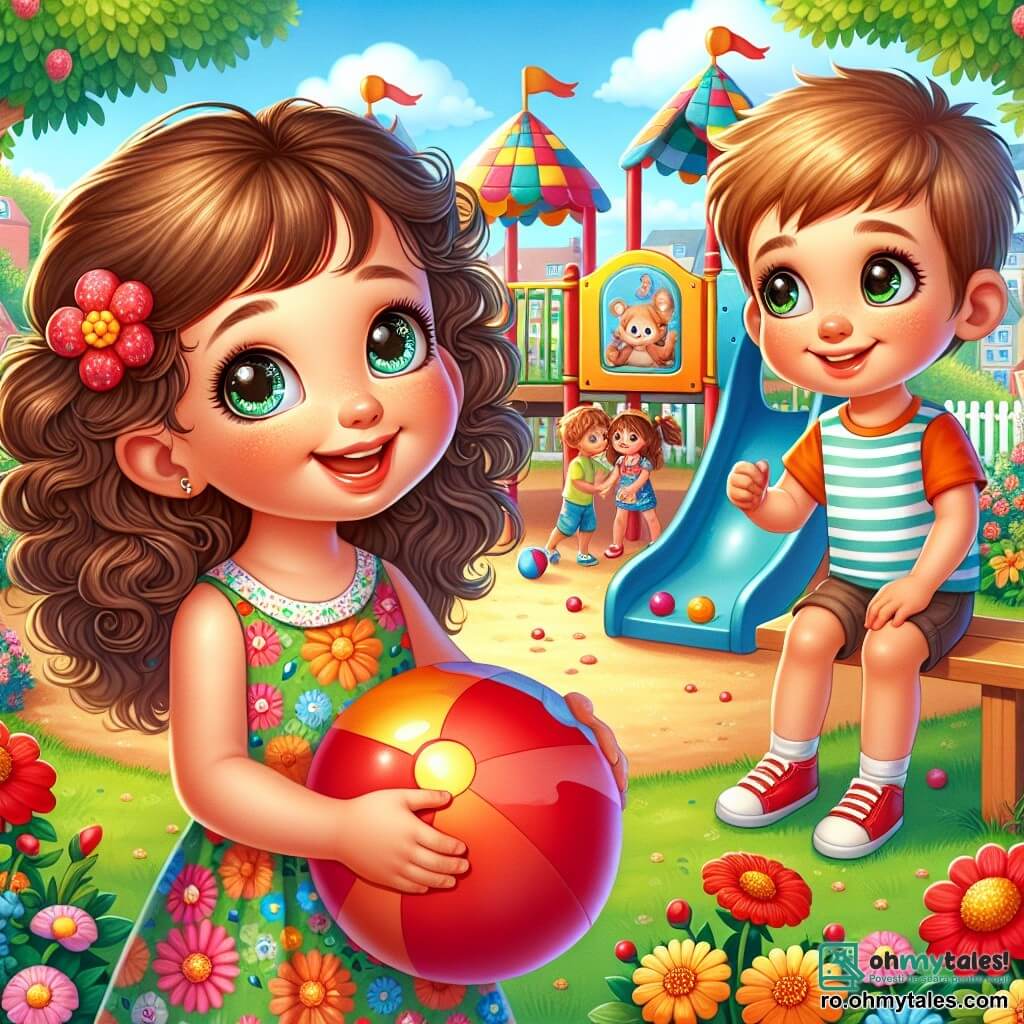 Într-un parc însorit, o fetiță de 4 ani, Maria, cu părul brun și creț, cu ochi mari și curioși, zâmbește fericită ținând o minge roșie. Ea poartă o rochie colorată cu flori și pare plină de energie, gata să se joace. Lângă ea, Andrei, un băiat de 5 ani, cu părul blond și scurt, cu un zâmbet timid, stă pe o bancă. Are o mână diferită, dar asta nu îl împiedică să strălucească prin creativitate. El o privește pe Maria cu admirație, imaginându-și jocuri amuzante. Parcul este plin de flori multicolore, copaci verzi și o zonă de joacă animată. Copiii râd și se joacă în jurul lor, creând o atmosferă veselă și primitoare. Scena îi arată pe Maria și Andrei construind un parcurs de obstacole cu obiecte găsite în parc, simbolizând prietenia lor în devenire și capacitatea de a depăși diferențele.
