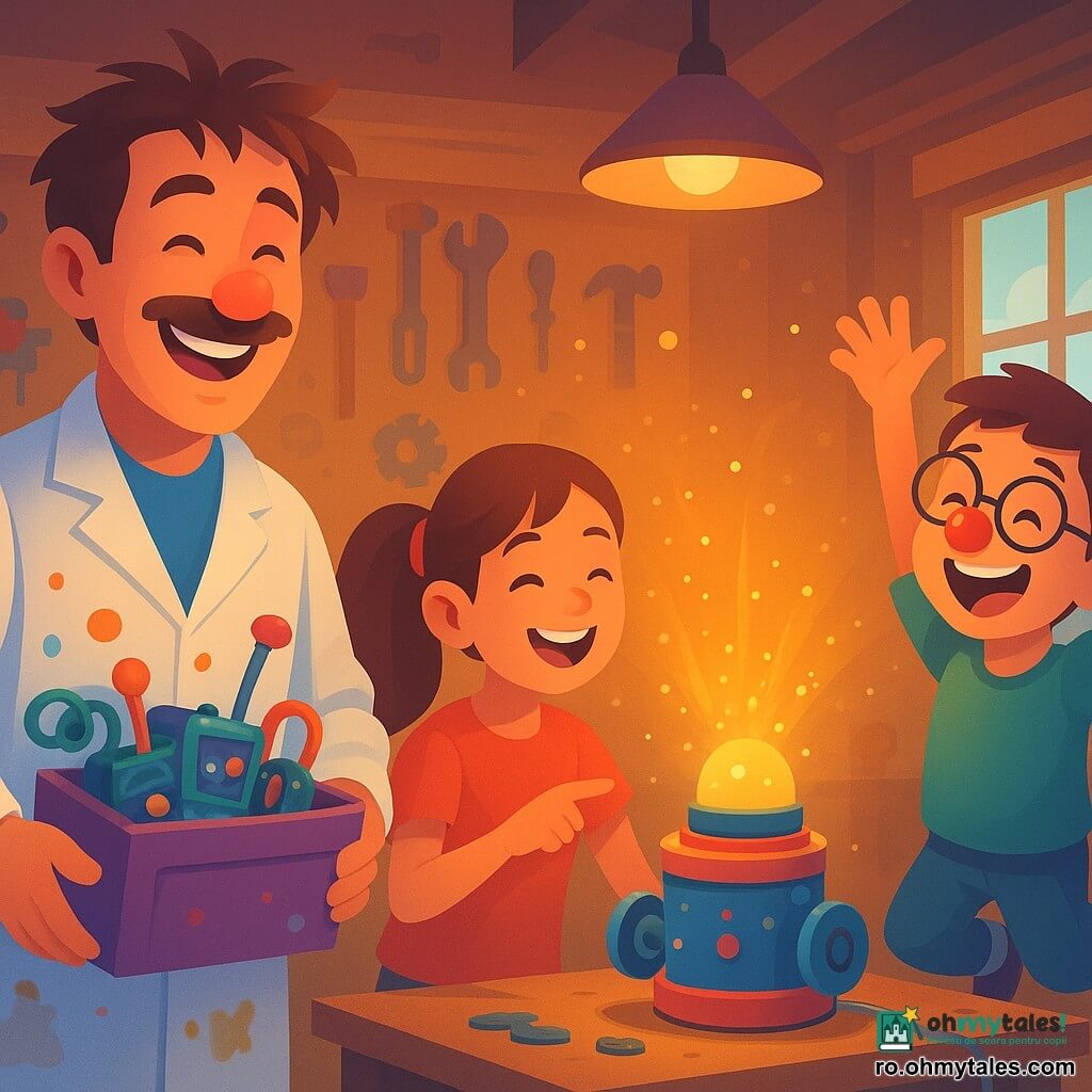 Un bărbat de aproximativ 40 de ani, Radu, cu părul ciufulit și o mustață, zâmbește radiant. Poartă un halat de lucru pătat de vopsea și ține o cutie plină de gadgeturi ciudate. Lângă el, o fată de 10 ani, Lina, cu părul brun prins în coadă de cal, râde arătând cu degetul spre o mașinărie ciudată. Un băiat de 8 ani, Dodo, cu ochelari rotunzi și un nas de clovn roșu, sare vesel lângă ei. Se află într-un atelier plin de piese de schimb, unelte suspendate și lumini colorate care clipesc. Scena principală îi arată pe Radu și copii înconjurați de lumini sclipitoare provenind de la invenția lor, un aparat care transformă râsetele în energie luminoasă. Atelierul este un spațiu cald și haotic, cu pereți de lemn și ferestre prin care intră lumina zilei.