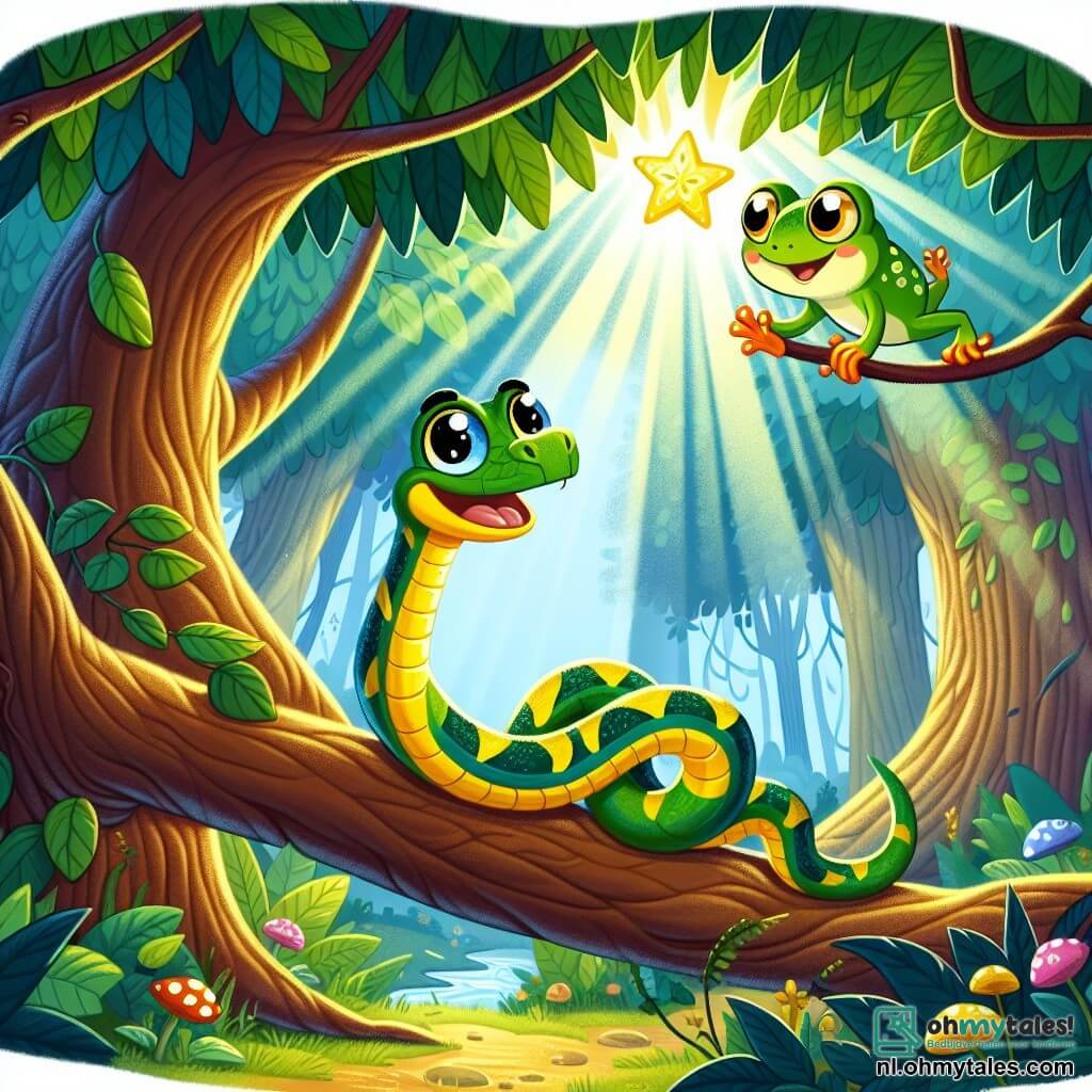 Een kleurrijke slang genaamd Sliert, met glanzende groene en gele schubben, glijdt vrolijk langs een tak van een grote boom, zijn ogen sprankelend van nieuwsgierigheid en opwinding. Naast hem springt een kleine kikker genaamd Kiki, met een stralende groene huid en grote ronde ogen, van blijdschap op een blad, kijkend naar Sliert met bewondering. De scène speelt zich af in een weelderig oerwoud, vol grote bomen met dikke stammen, felle bloemen en zonnestralen die door het dichte looffilteren, wat een magische sfeer creëert. Sliert en Kiki ontdekken samen een prachtige gouden ster die aan een tak hangt, hun pad verlicht met een sprankelende gloed, wat hun vriendschap en avontuur symboliseert.