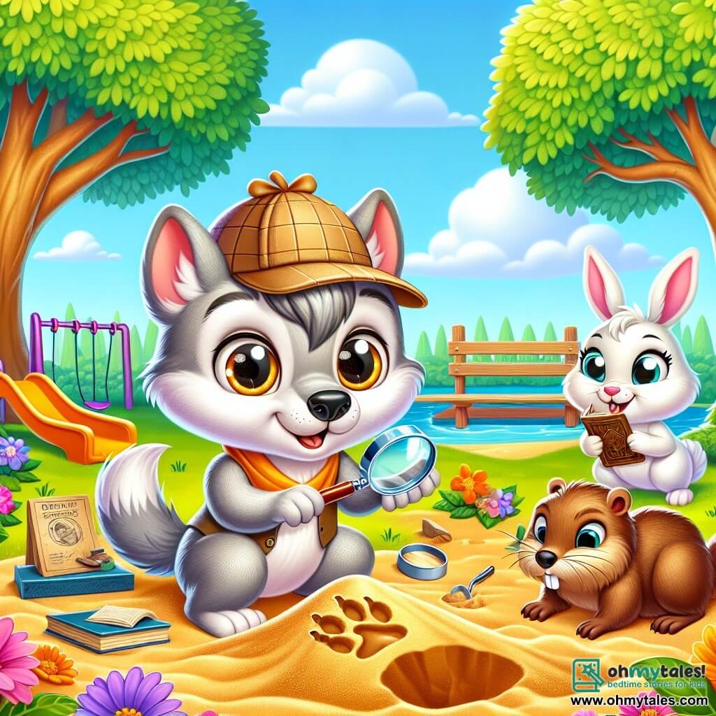 Little Wolf, a small wolf with sparkling eyes and soft gray fur, is digging in the sandbox with a determined and curious look. He wears a little paper detective hat and holds a magnifying glass in his paw. Daisy Rabbit, an adorable bunny with big ears and white fur, stands next to Little Wolf, wide-eyed in surprise, holding an old notebook in her paws. Benny Beaver, a brown beaver with prominent teeth, crouches near a tree, examining a footprint with a focused expression. The setting is a sunny park filled with tall trees with vibrant green leaves, colorful swings, and a golden sandbox. Multicolored flowers line the path, and a clear blue sky stretches above them. The main scene shows Little Wolf and his friends in the middle of an investigation, searching for clues to find a mysterious treasure, with scattered objects around them, like toys and leaves, creating an atmosphere of adventure and curiosity.