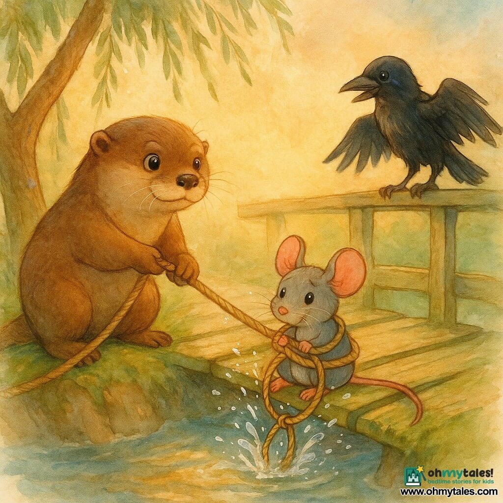 Milo, a young round otter with shiny hazel eyes, silky brown fur and wet little paws, looks focused and kind as he holds a thick coiled rope and leans back to pull, muscles visible under his fur; Pippa, a small gray mouse with big pink ears and trembling but determined eyes, sits on the bridge edge draped in pale seaweed, holding the rope loop around her, face relieved and wet; Rook, a young black crow with glossy feathers and a mischievous gaze, stands on the right railing with wings slightly open, watching and giving directions; an old wooden bridge crosses a fast stream with worn light planks, slippery green moss, a few new boards, a willow leaning left with the rope tied to its trunk and golden sunset reflections on the water; central scene: a calm, careful rescue—Milo and Rook pull while Pippa is hauled from the water, sparkling droplets around, warm intimate teamwork, watercolor textures, soft light and white highlights on splashes.