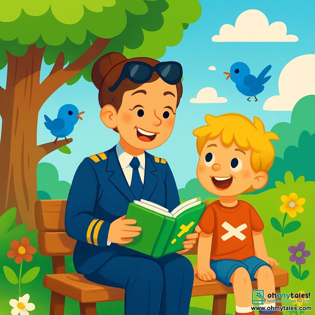 A female pilot, Captain Emma, smiling and full of joy, wears a blue pilot uniform with golden epaulettes. She has brown hair tied in a bun and sunglasses on her forehead. She is sitting on a bench under a large leafy tree, holding a small storybook in her hands. Next to her is an 8-year-old boy named Timmy, with messy blonde hair and sparkling curious eyes, listening attentively. He is wearing a red t-shirt with an airplane design and is perched on the edge of the bench, his legs dangling. The setting is a sunny park filled with colorful flowers and singing birds, with a blue sky dotted with fluffy white clouds. The main scene shows Captain Emma sharing her flying adventures with Timmy, who is captivated by her stories, both characters radiating happiness and excitement.