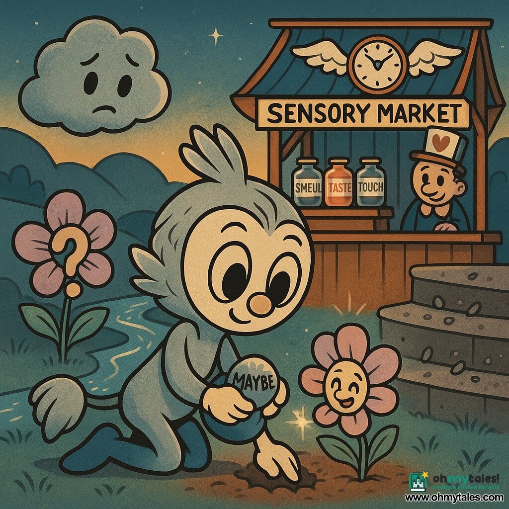 Lumo is a small silver‑feathered creature with a bell tail, round face and saucer eyes, holding a small silver pebble marked "maybe" in a blue‑sky pocket; Doubt is a pale gray cloud with shy eyes floating beside, tilting its head, hesitant but reassured; Perhaps is a pastel lavender-and-pink flower with question‑mark petals by a stream, smiling and opening its petals like hands. The background is the market square of the senses with colorful wooden stalls, shiny labeled jars, a winged clock and a merchant wearing a card hat watching kindly, set in a gentle valley at dusk with rounded hills, a sparkling river, stone shelves that shed tiny voice‑pebbles, warm light and bold retro-cartoon contrasts. The main scene shows Lumo kneeling by an empty shelf planting the "maybe" pebble like a seed, Doubt nearby and Perhaps emitting a small glow; composition clear, readable silhouettes and contrasting colors.