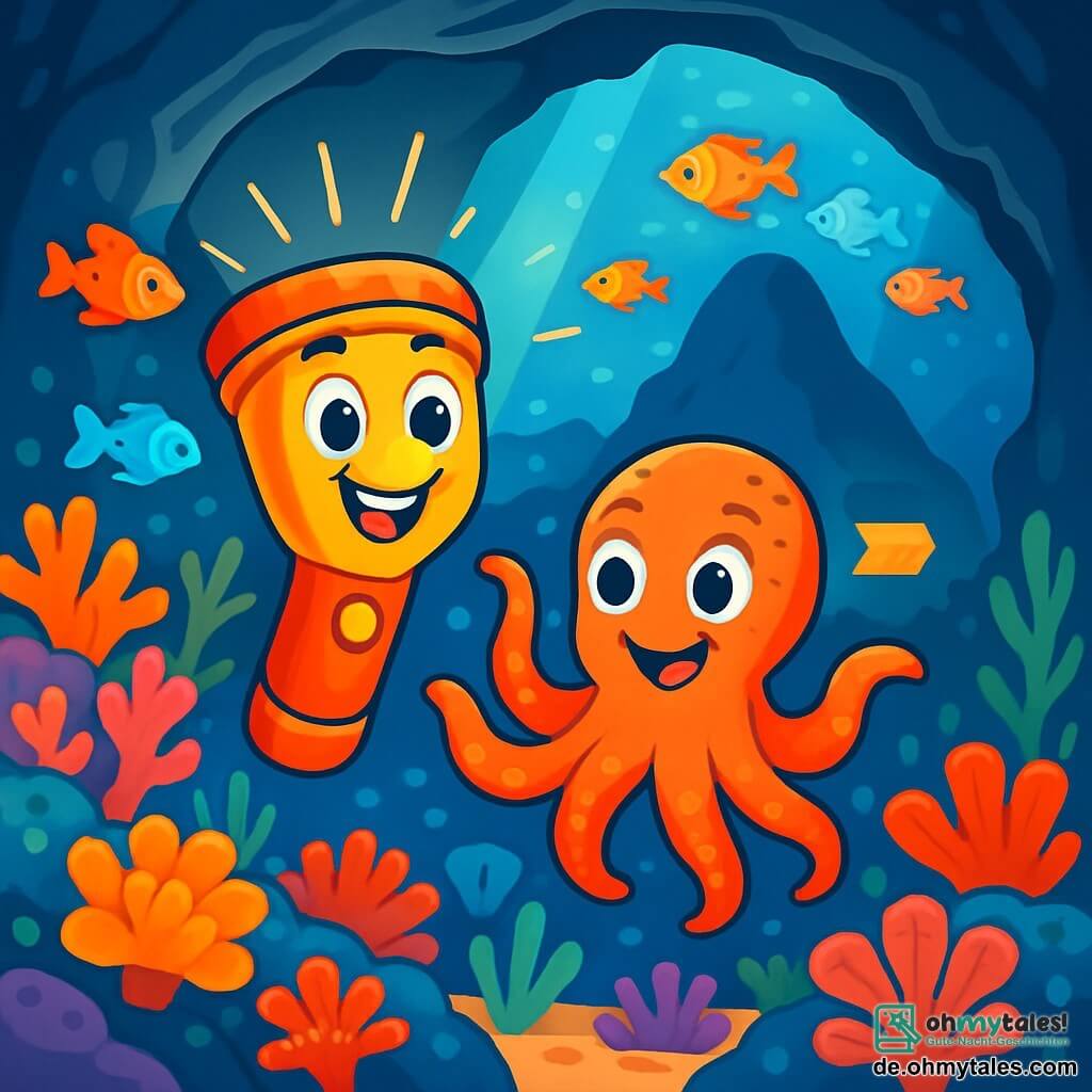 Timmy, eine kleine und mutige Taschenlampe, strahlt vor Aufregung mit seinen funkelnden Augen und seinem strahlenden Lächeln. Er schwebt im kristallklaren Wasser, umgeben von bunten Korallen und schimmernden Fischen. An seiner Seite lacht Ollie, ein fröhlicher kleiner Oktopus mit lebhaften Farben, mit runden und neugierigen Augen und schwenkt seine Tentakeln, um den Weg zu zeigen. Die Szenerie ist ein wunderschönes Unterwasserreich, gefüllt mit blütenförmigen Korallen, bunten Fischschwärmen und Lichtstrahlen, die durch die Wasseroberfläche filtern. Im Hintergrund erhebt sich ein großer Unterwasserberg, der einen geheimnisvollen Schatz verbirgt. Die Szene zeigt Timmy und Ollie, die gemeinsam eine Unterwasserhöhle erkunden, bereit, den versteckten Schatz zu entdecken, mit einem Ausdruck von Abenteuer und Kameradschaft auf ihren Gesichtern.