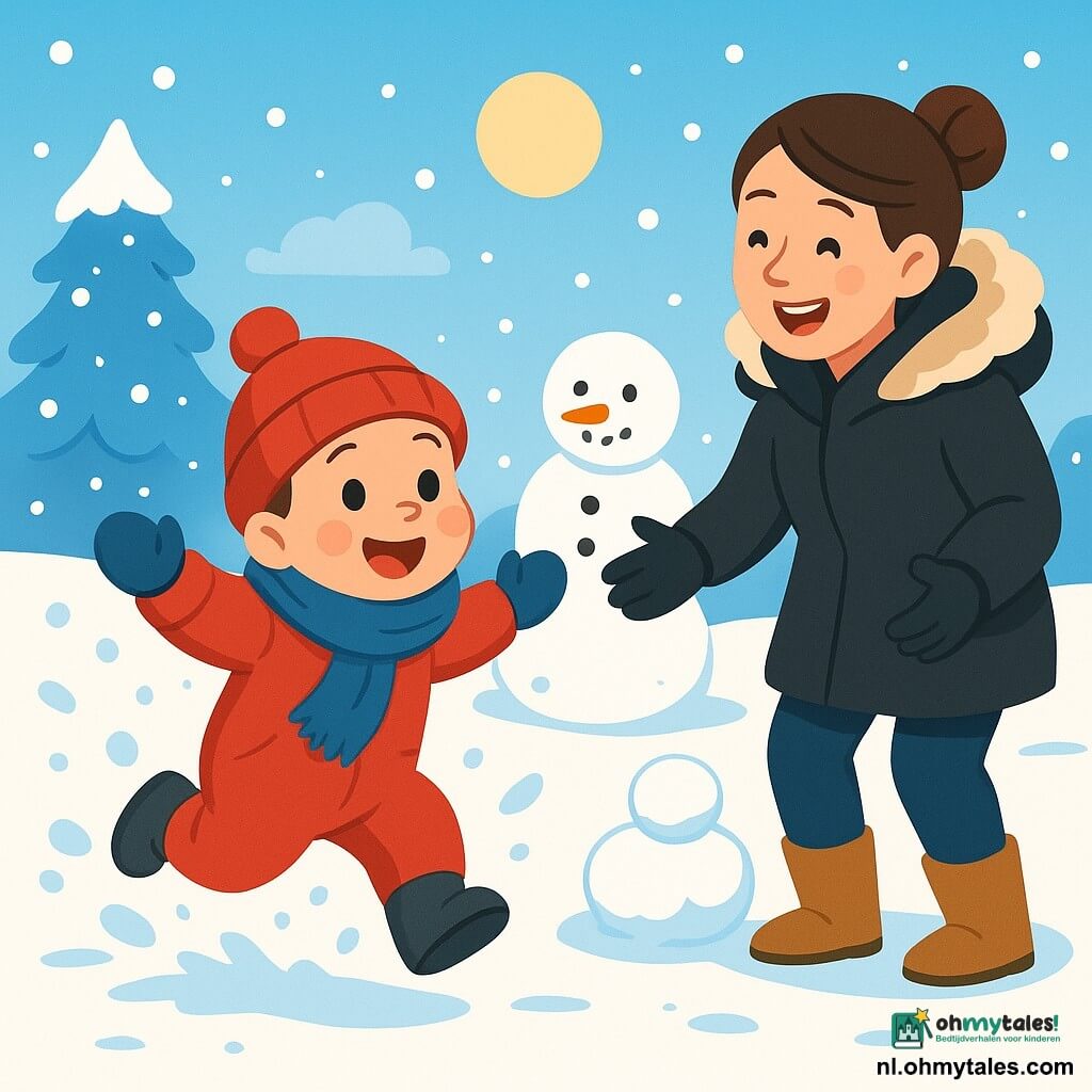 Een jongetje van 2 jaar, met roze wangen en stralende ogen, draagt een dikke rode overall en een grote blauwe sjaal. Hij springt in de sneeuw en spettert sneeuwvlokken om zich heen met een grote verwonderde glimlach. Naast hem staat zijn moeder, een vrouw van ongeveer 30 jaar met bruin haar in een knot en een zwarte jas met een bontkap. Ze lacht terwijl ze naar haar zoon kijkt, met open armen, klaar om hem op te vangen. Op de achtergrond strekt een betoverend winterlandschap zich uit: bomen bedekt met glinsterende sneeuw, een heldere blauwe lucht en een winterzon die zachtjes straalt. De scène toont het jongetje dat een sneeuwman maakt, met opgestapelde sneeuwballen en een wortel als neus, terwijl sneeuwvlokken langzaam om hen heen vallen, wat de magie van de winter benadrukt.