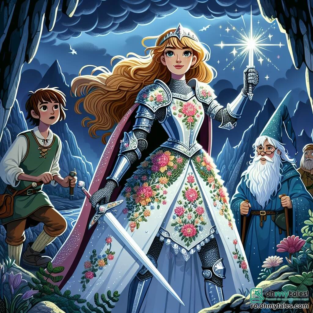 O cavaleră curajoasă, Eowyn, stă mândră în centrul imaginii, îmbrăcată într-o armură strălucitoare decorată cu motive florale. Părul ei lung și blond flutură în vânt, iar fața ei exprimă o determinare neclintită, cu ochii strălucind de încredere. Ea ține o sabie strălucitoare, pregătită să apere regatul. În dreapta ei, un băiat de 10 ani, un țăran cu părul brun, o privește cu admirație. El poartă haine simple și ține o sapa, simbolizând munca lui în câmpuri. În stânga ei, un magician bătrân cu barbă albă, de aproximativ 70 de ani, observă scena cu înțelepciune, îmbrăcat într-o robă albastră și ținând o baghetă magică strălucitoare. Scena are loc la intrarea unei peșteri întunecate, înconjurată de stânci abrupte și vegetație deasă. Norii furtunoși se adună deasupra, adăugând o atmosferă de tensiune. Eowyn se pregătește să înfrunte un dragon terifiant care iese din peșteră, scuipând flăcări vii. Imaginea surprinde momentul dinaintea bătăliei, cu fulgere iluminând cerul întunecat, creând o atmosferă atât de captivantă, cât și palpitantă.