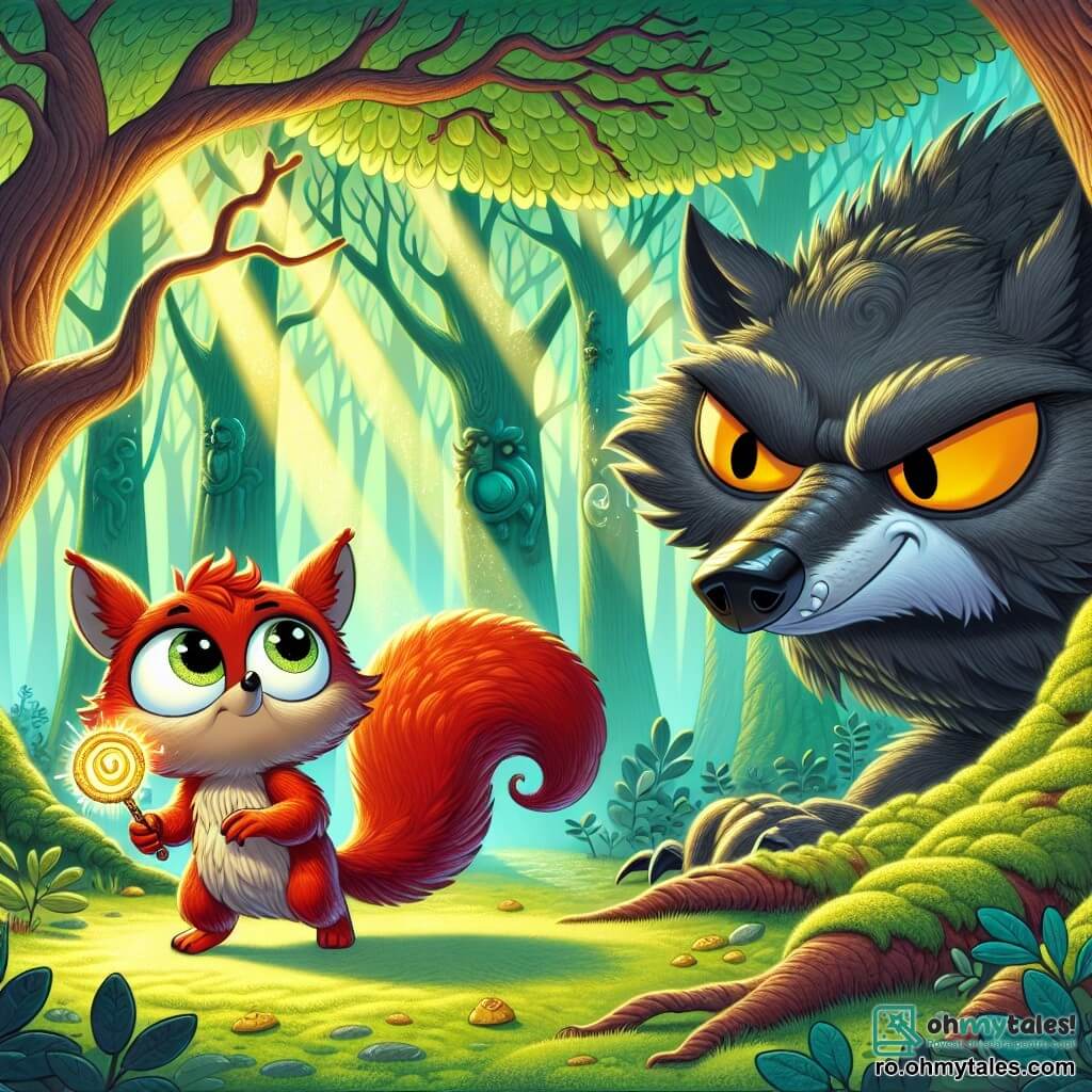 Un vulpix mic, pe nume Vulpișor, cu o blană roșie strălucitoare și ochi plini de curiozitate, stă în centrul scenei, ținând o lupă magică și având o expresie hotărâtă. Lângă el, marele lup rău, cu o blană gri închis și ochi pătrunzători, are o expresie vicleană, ascunzându-se în spatele unui copac noduros, observându-l pe Vulpișor cu un zâmbet șiret. Scena are loc într-o pădure fermecată, unde copacii impunători au trunchiuri groase și frunze verzi strălucitoare, iar razele soarelui filtrate prin crengi creează umbre dansante pe solul acoperit de mușchi. În această situație principală, Vulpișor, micuțul detectiv, se pregătește să rezolve misterul furtului prăjiturilor cu miere, în timp ce lupul, ascuns și viclean, așteaptă momentul său pentru a interveni.