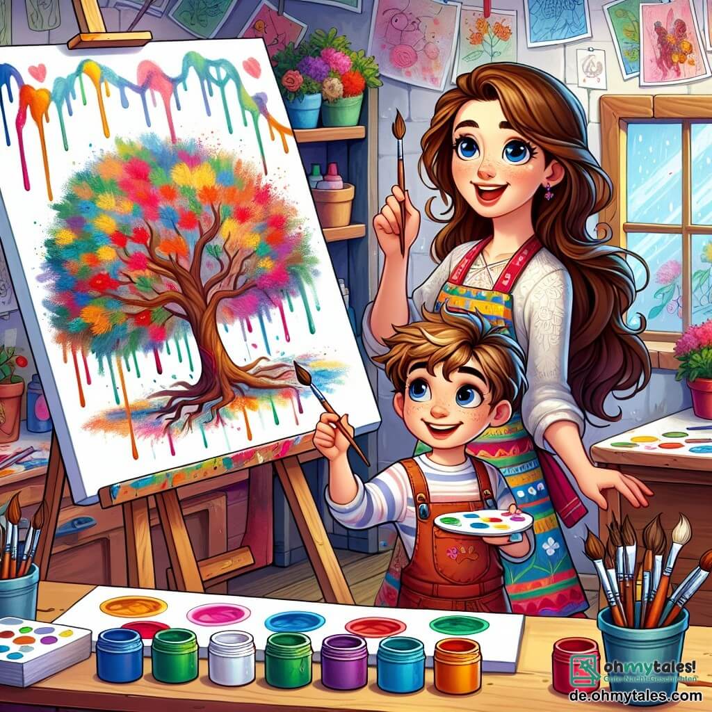 Clara, eine Frau in den Dreißigern, hat lange braune Haare und trägt eine farbenfrohe Schürze, die mit Farbe bespritzt ist. Sie lächelt begeistert, ihre Augen funkeln vor Freude, während sie den Kindern ein großes, farbenfrohes Gemälde zeigt. Max, ein 8-jähriger Junge mit zerzausten braunen Haaren und neugierigen Augen, steht neben Clara, hält einen Pinsel in der Hand und betrachtet bewundernd das Bild, das er gerade geschaffen hat, einen großen Baum mit bunten Ästen. Claras Atelier ist ein magischer Ort, voller weißer Leinwände, leuchtender Farbtöpfe und Pinsel in allen Größen. Die Wände sind mit Zeichnungen und Kunstwerken bedeckt, was eine lebendige und inspirierende Atmosphäre schafft. Die Hauptsituation zeigt Clara und Max, die einen kreativen Moment teilen, umgeben von der fröhlichen Energie der Kunst, während sie gemeinsam an einer großen Gemeinschaftsleinwand arbeiten und jeder seine eigene Farb- und Fantasietouch hinzufügt.