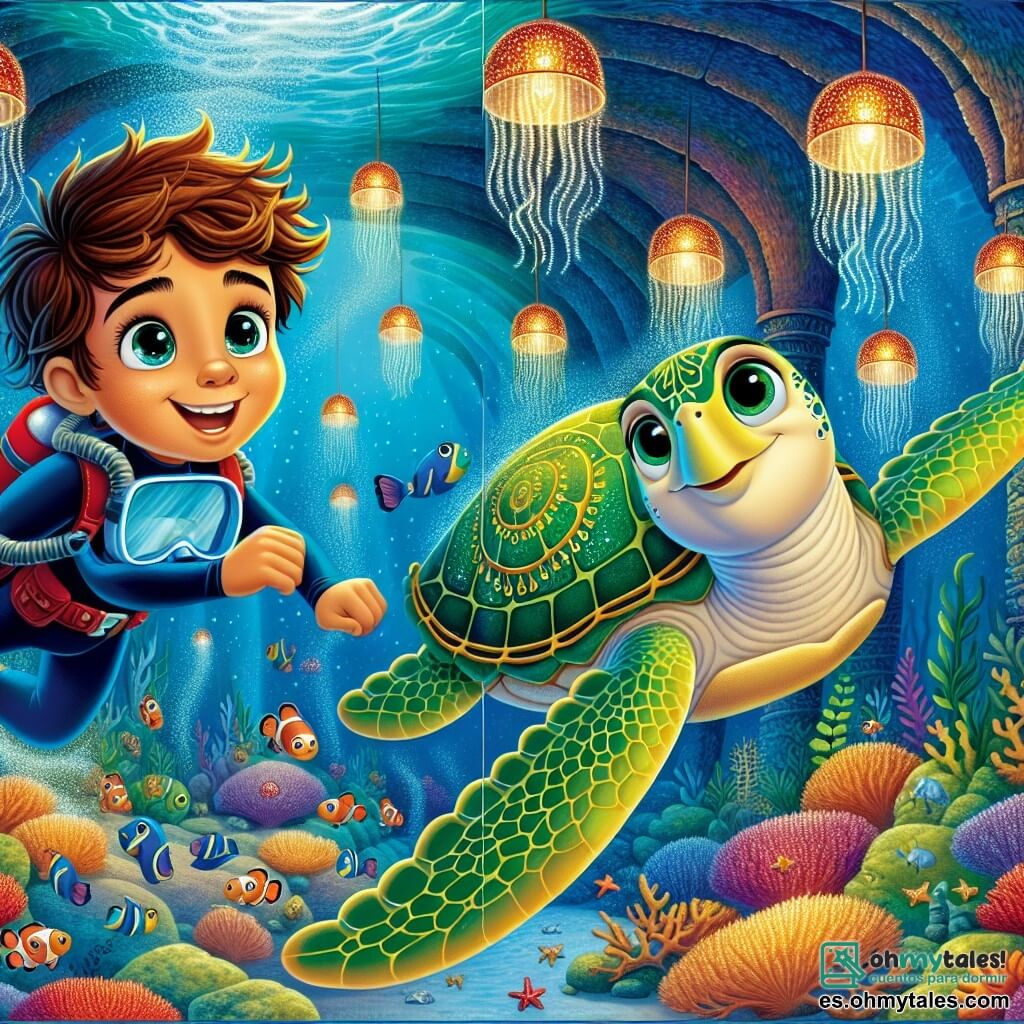 Un niño de 8 años, con grandes ojos curiosos y cabello castaño despeinado, nada alegremente bajo el agua, vistiendo un traje de buceo azul. Su rostro irradia emoción y determinación mientras explora el mundo submarino. A su lado, una tortuga marina llamada Tula, con un caparazón verde adornado con patrones dorados, lo acompaña. Flota graciosamente, sus ojos suaves y traviesos brillan de amistad. El escenario es una cueva submarina, iluminada por medusas centelleantes que flotan como farolillos. Las paredes de la cueva están cubiertas de corales coloridos y pequeños peces multicolores que nadan alrededor. La situación principal muestra al niño y a Tula descubriendo la Concha de los Mil Ecos, una hermosa concha brillante posada sobre un pedestal de coral, rodeada de criaturas marinas fascinantes que los observan con curiosidad.