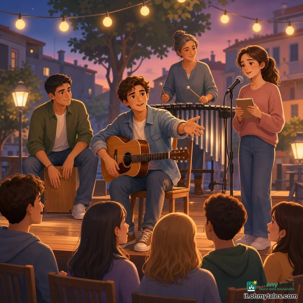 Un adolescente, Luca, sguardo sicuro e dolce, capelli castani ondulati, in giacca di jeans chiara, con una chitarra acustica sulle ginocchia invita il pubblico a cantare; accanto a destra Giulia (≈16 anni), timida ma determinata, capelli castani raccolti, tiene un libretto di testi e inizia a cantare al microfono; a sinistra Amir (≈18 anni), pelle olivastra e capelli corti, seduto su un cajón suona un ritmo leggero con un sorriso; dietro e leggermente rialzata Teresa (≈35 anni), capelli grigi raccolti, tiene le bacchette sopra un vibrafono argentato; il tutto su un piccolo palco in legno in una corte di quartiere la sera, luci a sospensione calde, pubblico seduto su sedie di legno che inizia a cantare timidamente, atmosfera conviviale con luci calde e colori pastello.