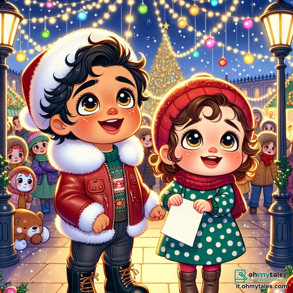 Un bambino di un anno, Leo, con grandi occhi brillanti e un sorriso radioso, è in piedi di fronte a un grande albero di Natale decorato con luci scintillanti e palline colorate. Indossa un cappotto rosso con cappuccio di pelliccia bianca e stivali di pelle nera, tenendo con eccitazione una lettera indirizzata a Babbo Natale. Accanto a lui c'è la sua migliore amica, Mia, una bambina di un anno, con capelli ricci e guance rosa. Indossa un vestito verde a pois bianchi e un berretto di lana rosso. Guarda Leo con meraviglia, le braccia alzate in segno di gioia. Il luogo è un mercato di Natale animato, pieno di stand in legno decorati con ghirlande luminose, fiocchi di neve che cadono dolcemente dal cielo e una folla di persone sorridenti. Stelle brillano sopra, creando un'atmosfera magica. La scena principale mostra Leo e Mia, entrambi stupiti, che alzano la lettera verso il cielo, impazienti di consegnarla a Babbo Natale, circondati dallo spirito festivo del Natale.