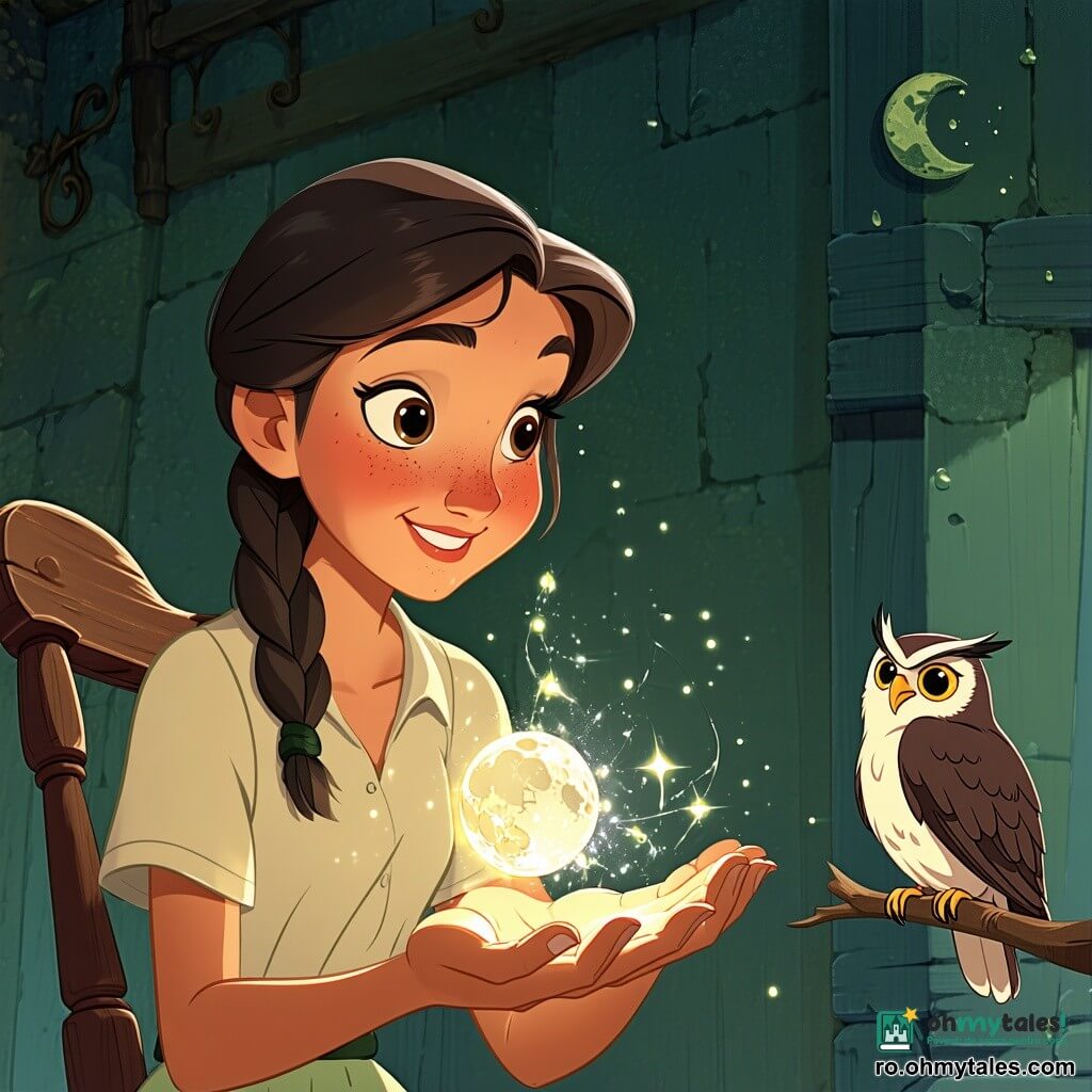 Liora, tânără cu fața blândă și părul șaten împletit, ține o picătură de lumină argintie ca o lună mică; bunicul Orlan, în jur de 75 de ani, cu pielea ridată și părul alb, așezat într-un fotoliu vechi din lemn la dreapta ei, întinde mâna spre lumină; o bufniță mică cu ochi mătăsoși, cu pene ușor luminoase, stă pe spătar și privește curios; scena are loc pe veranda de piatră a unei căsuțe calde, cu scânduri uzate și lampă cu ulei care aruncă o lumină portocalie, cer nocturn presărat cu lune miniaturale și stele palide deasupra copacilor; Liora oferă picătura de lumină bunicului, lumina curge ca o perlă lichidă între mâinile lor și le luminează fețele, creând un contrast blând și reflexii argintii, atmosferă intimă și magică; paletă: tonuri calde în interior (ocre, ambre), reflexii argintii și albastru noapte în exterior; compoziție: plan mijlociu strâns pe cei doi, bufnița în ușor defocal, cerul în partea superioară, lumina concentrată pe mâini.