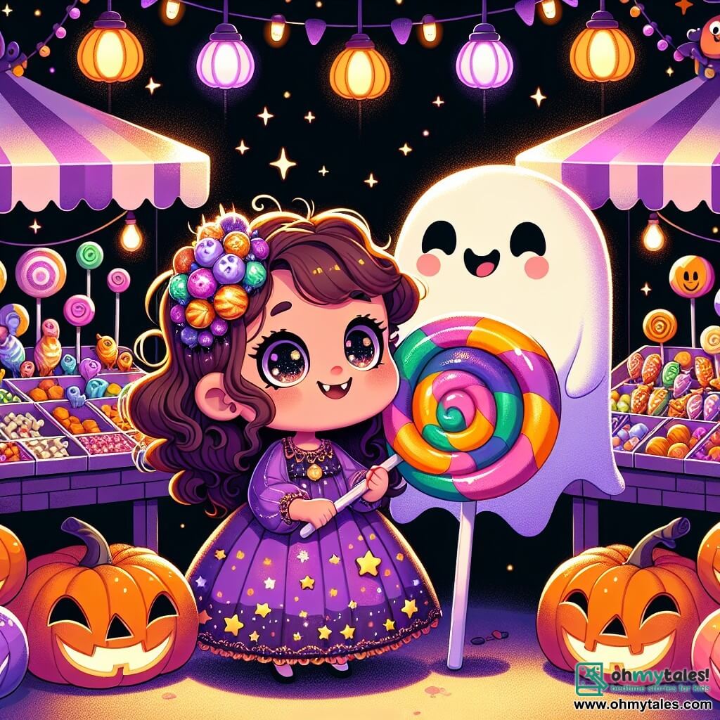 A 3-year-old girl with sparkling big eyes and curly brown hair is wearing a beautiful purple dress adorned with shimmering stars. She smiles in wonder, holding a huge colorful lollipop in her small hands. Next to her is a friendly ghost named Giggles, with a smiling face and floating arms, making funny faces and adding a touch of magic to the scene. The setting is a vibrant Halloween market filled with colorful lanterns, friendly spooky decorations, and stands of oddly shaped candies. Smiling pumpkins are arranged on tables, illuminated by twinkling lights. The main scene shows Lily and Giggles playing together, surrounded by laughter and joy, as they prepare to enter the Haunted House of Laughter, full of fun surprises and friendly ghosts.