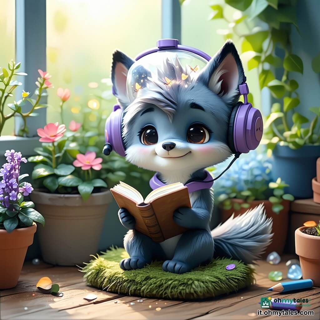 Il protagonista è un lupetto timido dalle orecchie grandi, pelo grigio-blu e guance rosate, che sorride e tiene un piccolo quaderno viola e una matita grossa, seduto su un cuscino d'erba nella serra; il coprotagonista è un piccolo extraterrestre a forma di fungo, pelle azzurro cielo, occhi neri e grandi e un casco trasparente con mini-luciole, intento e rassicurante mentre tocca un piccolo contatore metallico su un tavolo di legno; una fila di vasetti di vetro sospesi contenenti minuscole stelle luminose dai toni caldi emette una luce tremolante intorno a loro; l'interno è una navetta-serra con pareti metalliche curve, piante e fili luminosi, pavimento in legno chiaro e una grande botola rotonda che apre su un cielo notturno attraversato da meteore multicolori; i due amici contano insieme le meteore che passano: il lupetto annota i numeri sul quaderno mentre l'extraterrestre indica il contatore che fa un piccolo difetto e le stelle in vaso scintillano come un pubblico benevolo.