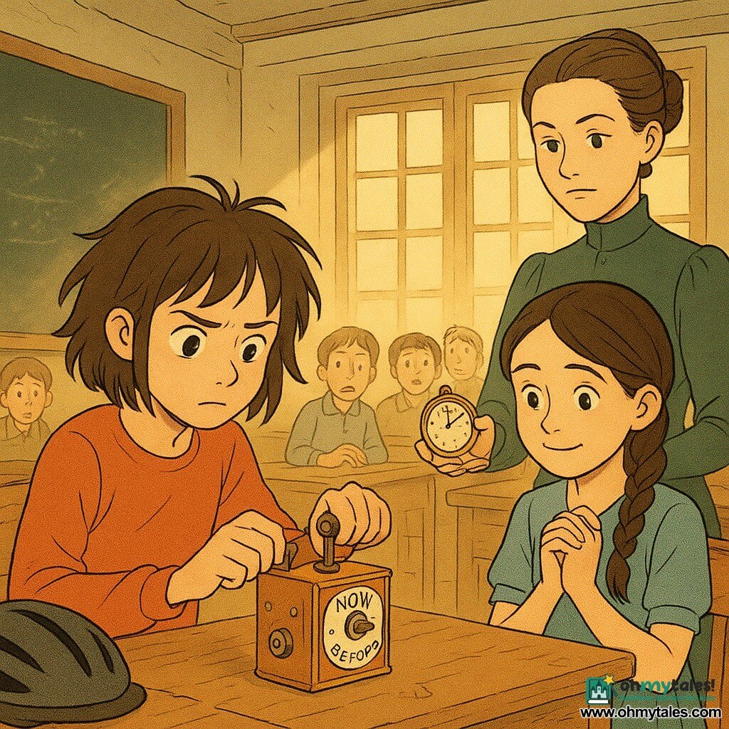 12-year-old Mina, hair tousled, face focused and slightly nervous, helmet beside her, gently cranking a small copper box with coils and a NOW/BEFORE dial; nearby Elsie, about 12, dark braid and shy smile, hands clasped, watches with admiration; Miss Hart (~40), calm stern but kind, hair in a tight bun, stands behind the desk holding an open brass alarm clock whose hands move backward; light wooden classroom with varnished desks, chalkboard, glass inkwells and a golden shaft of light cutting through dust; Mina carefully adjusts the brass clock with her time box as classmates gape — a warm, tense mix of wonder and responsibility.