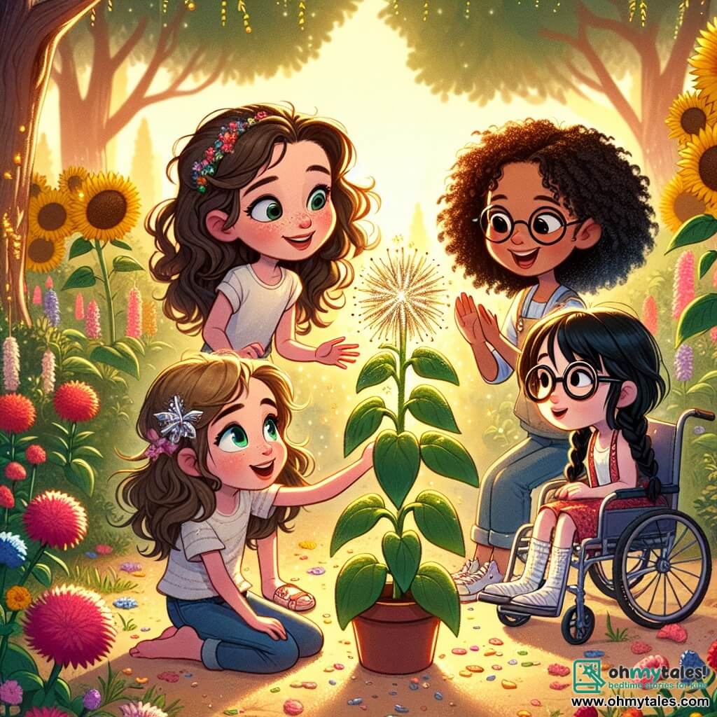 In a sunny garden, four girls stand around a mysterious plant. Emily, a 10-year-old with curly brown hair and a sweet smile, sits on a swing holding a sparkling flower. Next to her, Mia, a 9-year-old with blonde hair and sparkling eyes, raises her arms in excitement as if she just had a brilliant idea. Sophie, a 10-year-old in her wheelchair with brown hair and a straw hat, smiles joyfully at the plant. Finally, Grace, a 9-year-old with braided black hair and glasses, leans forward to examine the plant's shiny leaves. The garden is a peaceful haven filled with colorful flowers, swaying sunflowers, and majestic trees providing shade, with a golden light filtering through the branches, creating a magical atmosphere. The four friends gather around the special plant, full of hope as they discover its bright flowers, ready to share a moment of magic and comfort in their adventure facing Emily's illness.
