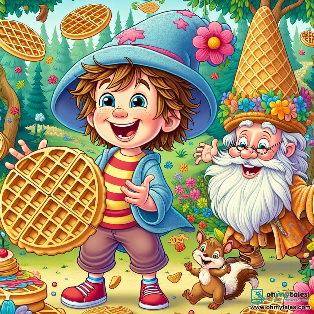 A 3-year-old boy named Timmy, with messy brown hair and sparkling eyes, wears a large blue hat adorned with a pink flower. He is laughing heartily while holding a giant waffle in his small hands, surrounded by a festive atmosphere. Next to him is the Waffle Wizard, an elderly man with a long white beard and a waffle-shaped hat, smiling warmly while holding a plate full of colorful waffles. A mischievous squirrel with brown fur and a bushy tail joyfully dances near Timmy, balancing a waffle on its head. The scene takes place in the magical Wiggly Woods, where tall trees sway gently and brightly colored flowers create a cheerful ambiance. Timmy and his friends are enjoying a fun party, playing a game of tossing waffles into a syrup bucket while laughing and dancing together under the bright sun.