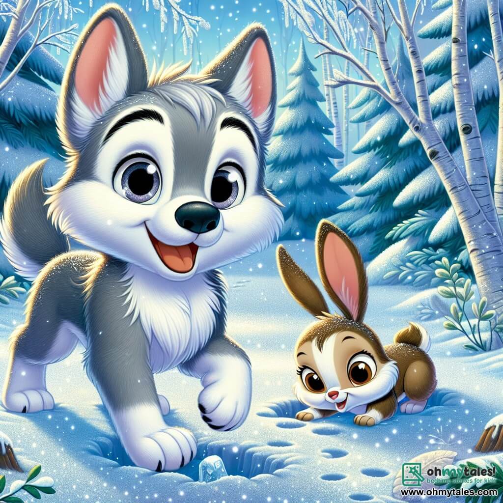 A young wolf named Wally, with gray fur and sparkling curious eyes, stands in the center of the scene, joyfully hopping in the shimmering snow. He has a big smile on his face, his ears perked up, and he holds a small notebook in his front paws, ready to take notes on his discoveries. Beside him, Benny, a little rabbit with large ears and white fur, looks at Wally with admiration, his eyes shining with excitement as he digs in the snow with his hind paws, searching for hidden treasures. Clara, a small sparrow with brown and white feathers, flies around them, singing joyfully with her wings flapping enthusiastically. The scene takes place in an enchanted clearing of the forest, where trees are covered in a thick blanket of snow, and snowflakes gently fall from the light blue sky. Ice crystals sparkle on the branches, and the ground is dotted with animal tracks. Wally, Benny, and Clara are exploring, discovering the wonders of winter while enjoying watching the birds and playing in the snow, filled with joy and wonder.