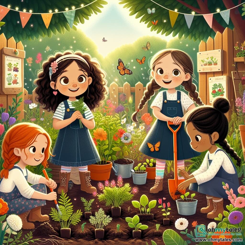 In a blooming community garden, four ten-year-old girls stand together, surrounded by colorful flowers and small pots. Sophie, with curly brown hair and sparkling eyes, smiles joyfully while holding a small shovel. To her right, Mia, with braided blonde hair and round glasses, carefully observes a carrot seedling she just planted. On the left, Chloe, with brown hair and freckles, is crouched down, her hands covered in dirt, planting radish seeds. Lastly, Emma, with black hair and a colorful cap, takes notes in a small notebook, looking at the garden with curiosity. The garden is vibrant, filled with multicolored flowers, fluttering butterflies, and sunlight filtering through the tree leaves. Gardening tools are scattered around them, and wooden signs indicate the different plants. The girls enthusiastically engage in learning to plant seeds and care for the plants while sharing laughter and stories about spring.