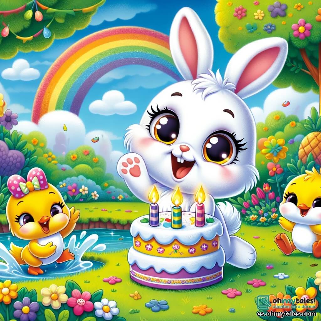 Un pequeño conejo blanco llamado Rabi, con grandes ojos brillantes y largas orejas, salta de alegría en el centro de la escena, sonriendo mientras sostiene un pastel de cumpleaños decorado con velas de colores. A su derecha, una adorable ardilla llamada Sofía, con pelaje marrón y una cola esponjosa, aplaude con entusiasmo, sus ojos brillando de felicidad. A la izquierda, un pato amarillo llamado Pipo, con un pico naranja y plumas brillantes, nada alegremente en un charco, salpicando agua a su alrededor mientras ríe. El fondo muestra un hermoso jardín colorido, lleno de flores vibrantes, árboles verdes y un cielo azul claro con algunas nubes blancas. La escena principal muestra a Rabi, rodeado de sus amigos, celebrando su cumpleaños con un pastel, risas y un ambiente festivo, mientras un arcoíris aparece en el cielo tras una ligera lluvia, añadiendo un toque de magia a este momento alegre.