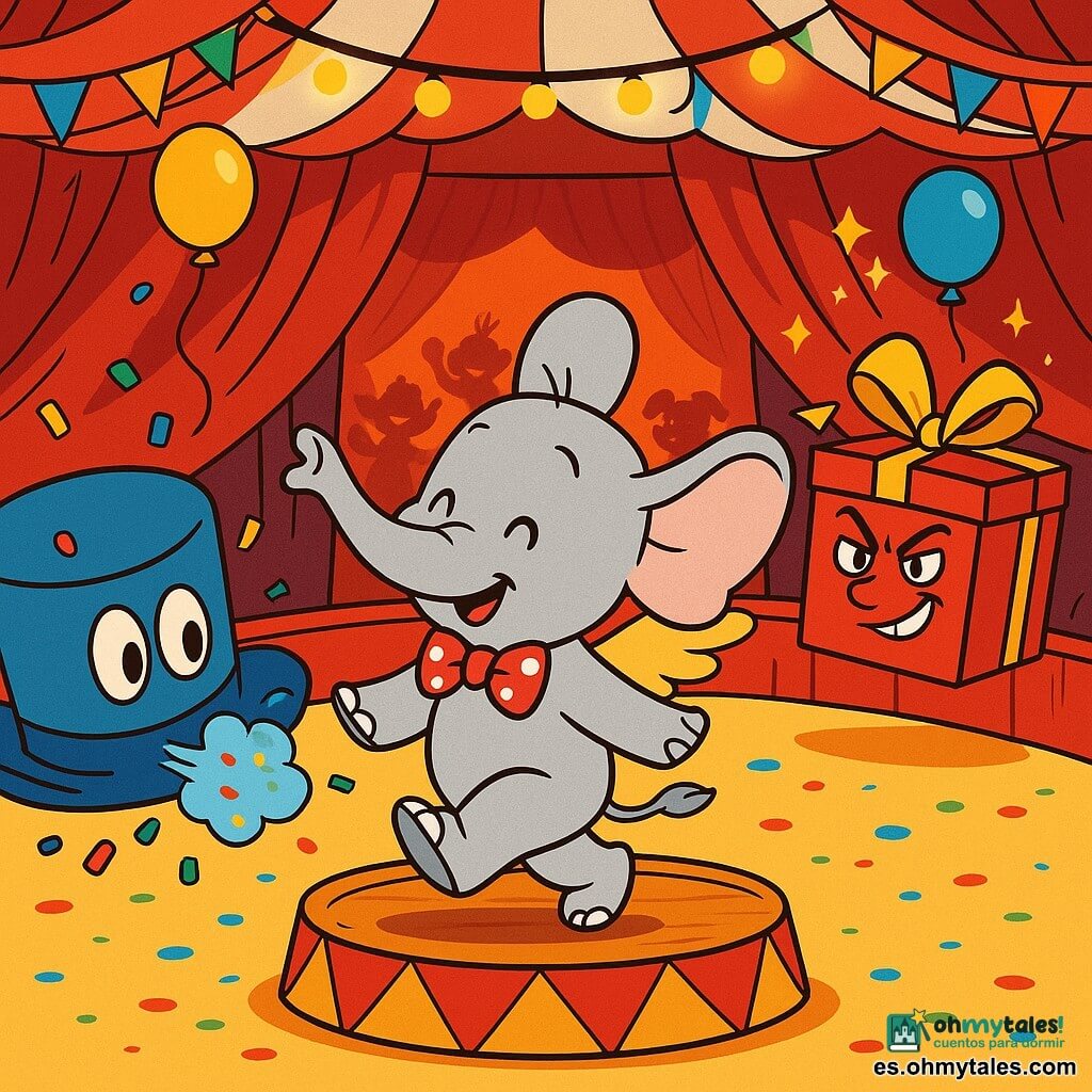 El personaje principal es un pequeño elefantito llamado Pum, curioso y alegre, trompa alzada, orejas muy grandes y alas diminutas, pelaje gris claro y pajarita de lunares rojos; camina a saltitos en el centro de la pista. A la izquierda, un gran bombín azul animado con ojos bordados estornuda dejando una nube de confeti, aspecto sorprendido y cómico. A la derecha, una caja de regalo cuadrada roja con lazo amarillo tiembla y deja salir estrellas brillantes con aire travieso. Detrás de una gran cortina roja, una pequeña multitud de animales de circo (un mono, un perro) aplaude en siluetas coloridas iluminadas por focos. El lugar es una pista circular de madera bajo una gran carpa a rayas rojas y blancas, con luces cálidas, guirnaldas, confeti en el suelo y globos flotando. La escena muestra a Pum entrando en la pista para una sorpresa cómica, con todos los elementos animados en un ambiente festivo y colorido.