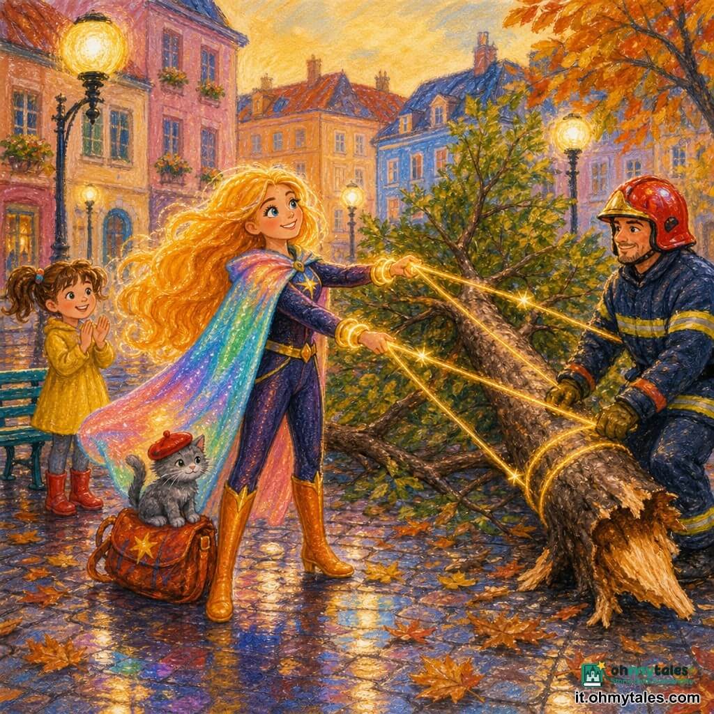 La protagonista è una donna supereroina sorridente e sicura, capelli lunghi luminosi come raggi del mattino e mantello iridescente, che dalla sua braccialetti lancia corde luminose a forma di stelle per aiutare a spostare un grande ramo caduto; un pompiere di circa 35 anni, robusto con casco rosso, tiene una corda vicino al tronco per liberare la strada; una bambina di 6 anni con due codini e vestito giallo applaude accanto a una panchina a sinistra; un gattino grigio con un piccolo berretto rosso, salvato, è sullo zaino dell’eroina e fa le fusa guardando la strada; la scena si svolge in una via cittadina colorata con facciate pastello, lampioni rotondi, foglie cadute e marciapiedi lastricati bagnati davanti a una piccola piazza ostruita dal grande ramo spezzato.